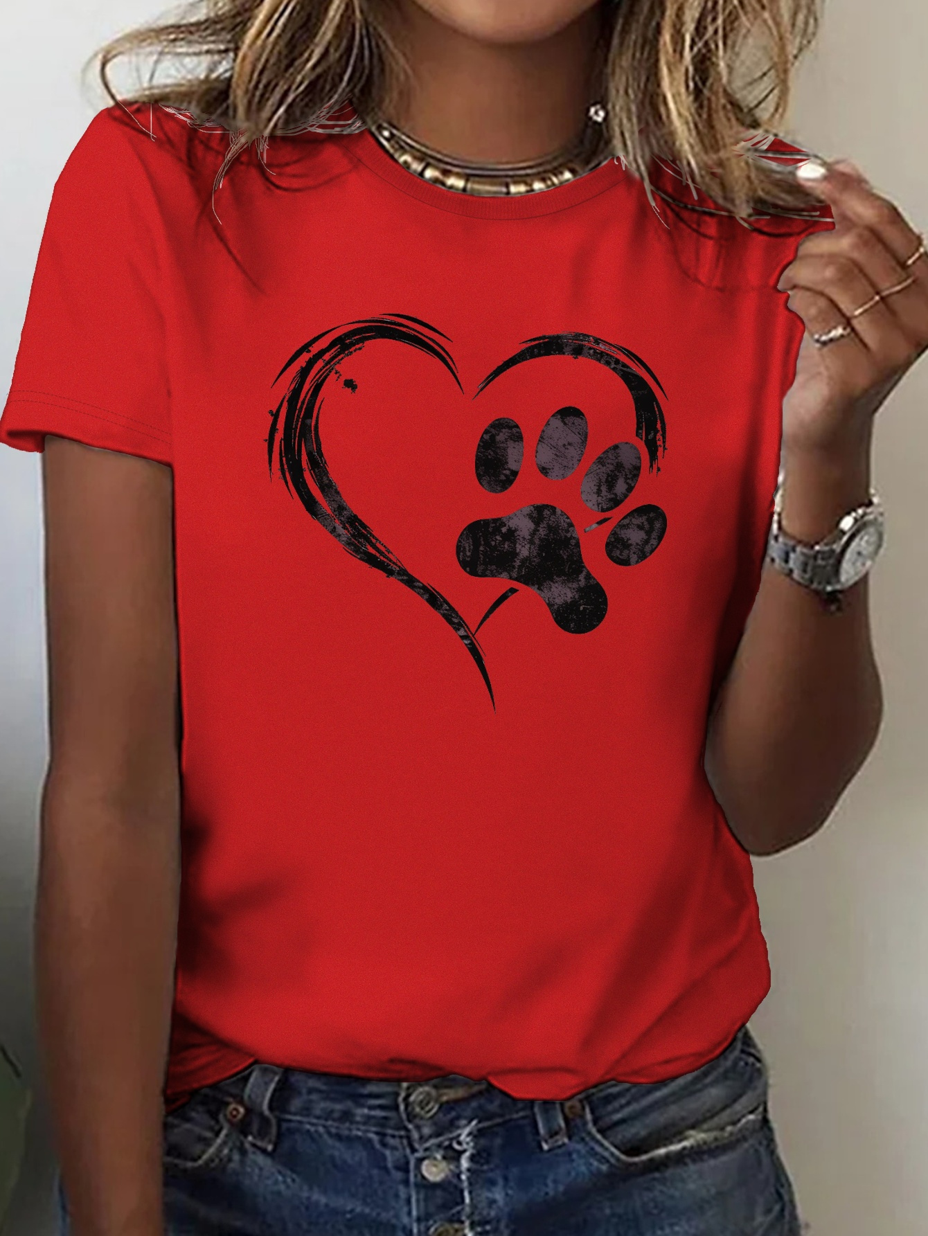 Love Pet Print Crew Neck T-shirt, Casual Short Sleeve Top For Spring & Summer, Women's Clothing