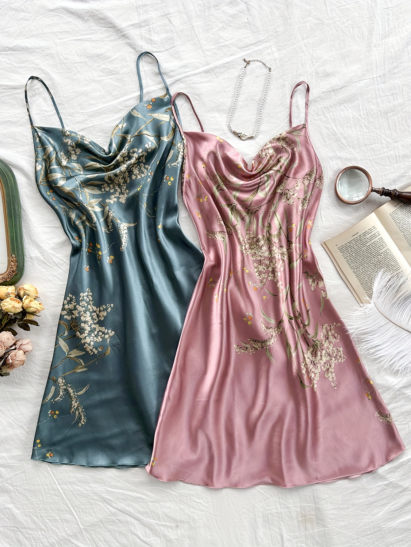 2 Pcs Floral Print Nightdress Draped Collar Backless Sleep Dress Women's Sleepwear