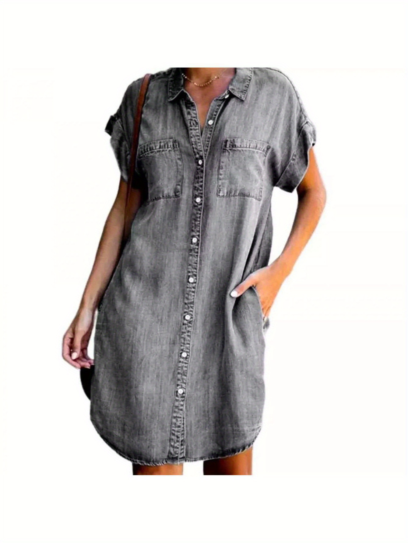 Women Summer Denim Dress, Solid Color Lapel Short-Sleeve Buttons Casual One-Piece for Ladies, S/M/L/XL