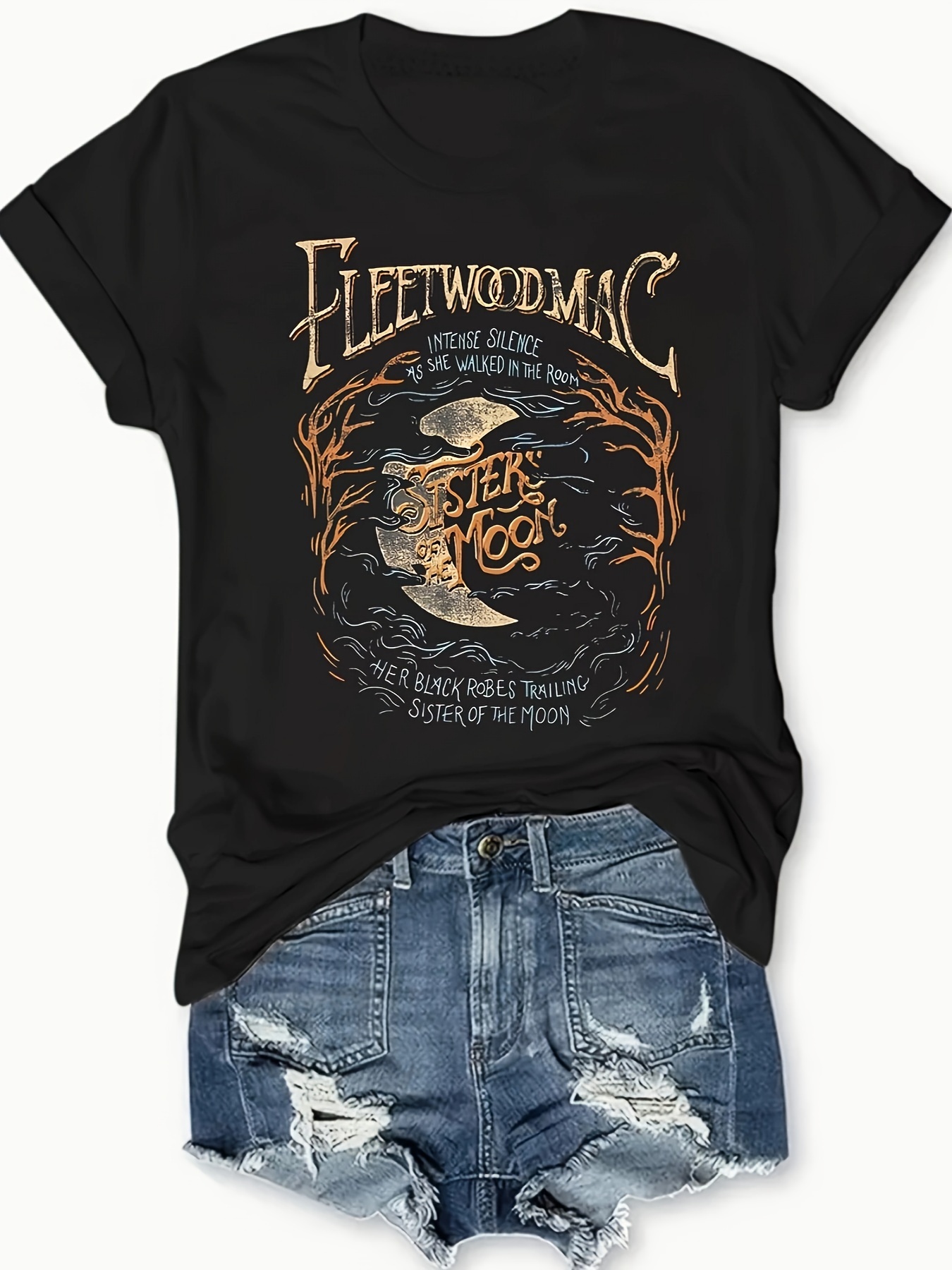 Chic Moon Print Crew Neck T-shirt, Casual Short Sleeve Top For Spring & Summer, Women's Clothing