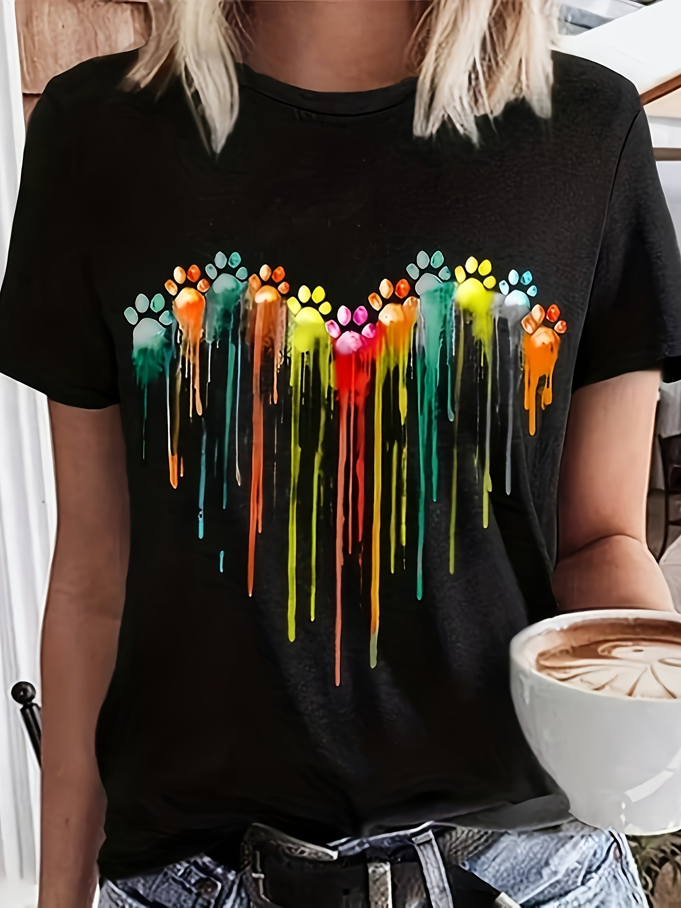 Plus Size Paws & Hearts Print T-Shirt, Casual Crew Neck Short Sleeve T-Shirt For Spring & Summer, Women's Plus Size Clothing