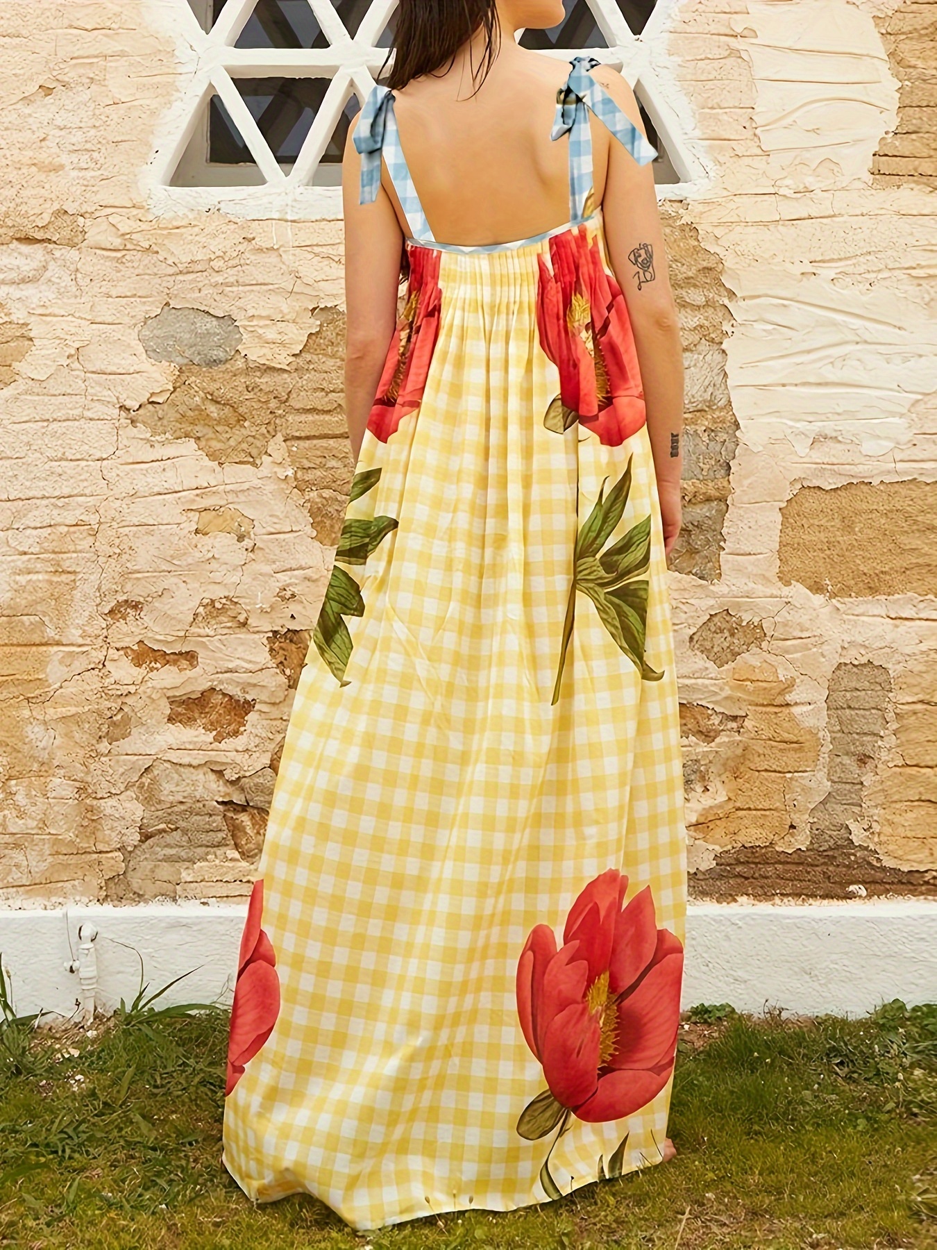 Floral Print Tied Strap Cami Dress, Vacation Sleeveless Loose Maxi Dress For Beach, Women's Clothing