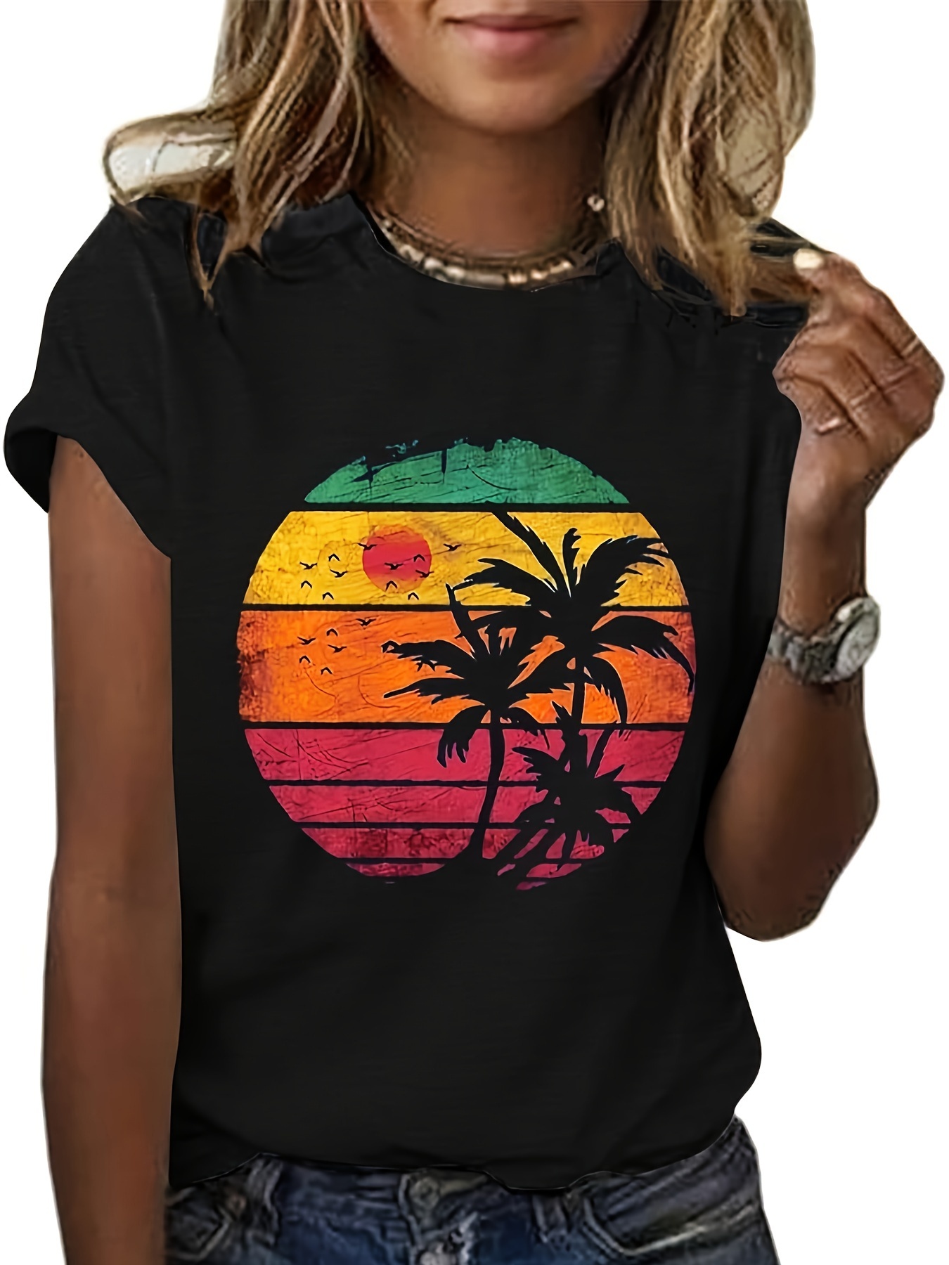 Coconut Tree & Sun Print Casual T-shirt, Crew Neck Short Sleeve Top For Spring & Summer, Women's Clothing