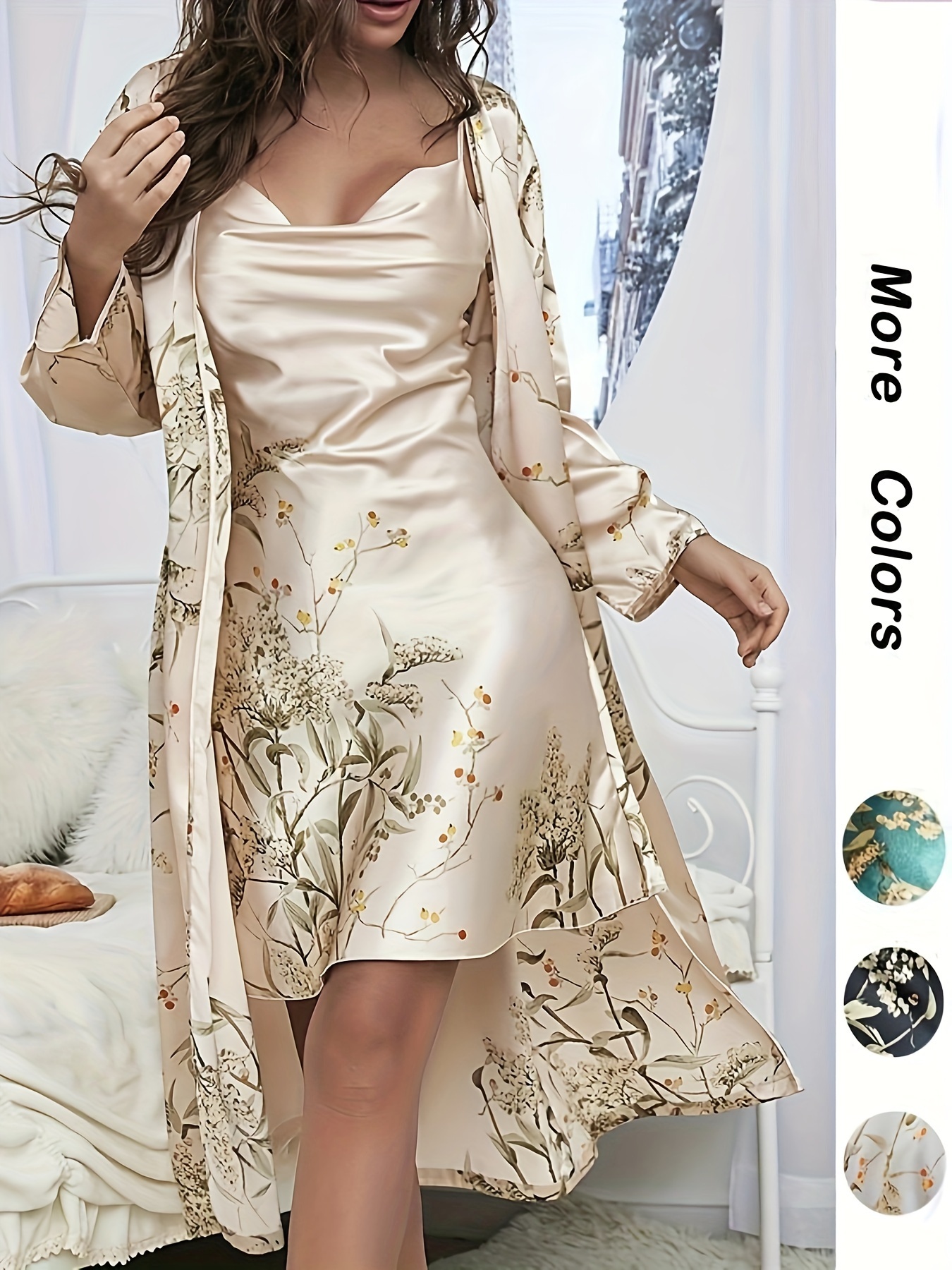 New 2pcs Spring Floral Print Cowl Neck Slip Nightdress & Belted Robe Pyjama Set, Draped Neck Sleeveless Cami Night Dress & Long Sleeve Dressing Gown Pj Set As Mother's Day Gift, Womenswear, Women's Sleepwear & Loungewear Set, Comfort Clothes Set