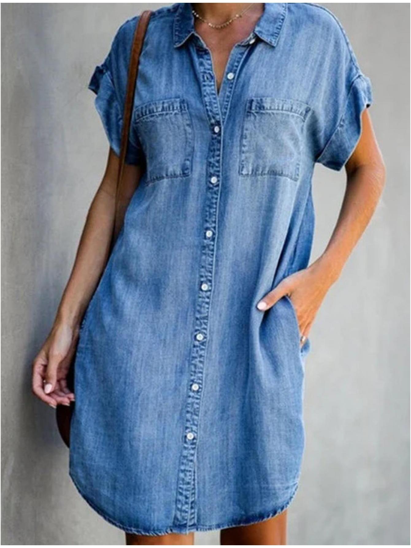 Women Summer Denim Dress, Solid Color Lapel Short-Sleeve Buttons Casual One-Piece for Ladies, S/M/L/XL