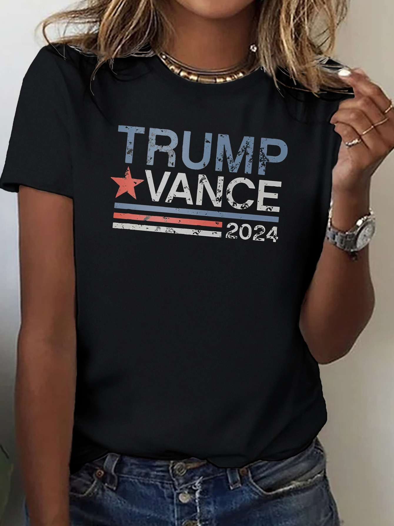 Vote TRUMP CHOOSE VANCE 2024 Women's Summer Graphic Pure Cottons Plus SizedT-Shirts-Crew Necked, Short-sleeved, Soft, Comfortable, and Stylish | Flattering Solid Simple Tops