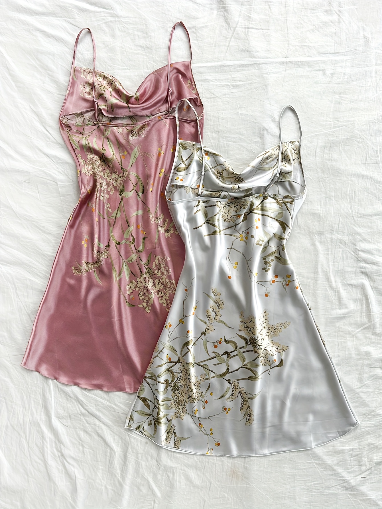 2 Pcs Floral Print Nightdress Draped Collar Backless Sleep Dress Women's Sleepwear