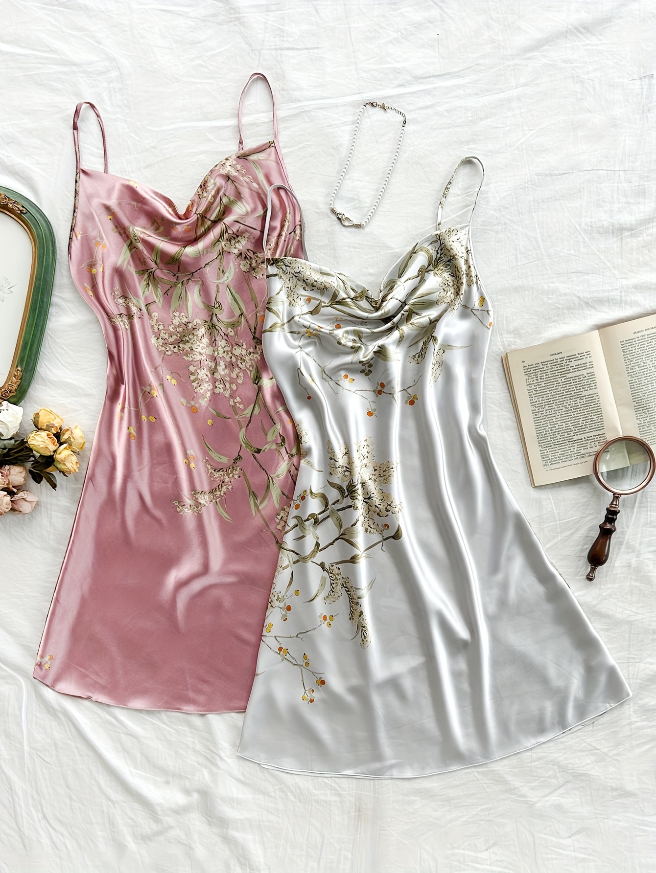 2 Pcs Floral Print Nightdress Draped Collar Backless Sleep Dress Women's Sleepwear