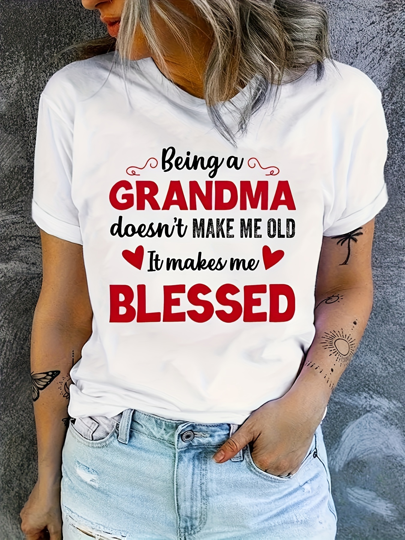 GRANDMA BLESSED Print Crew Neck T-Shirt, Casual Short Sleeve T-Shirt For Spring & Summer, Women's Clothing