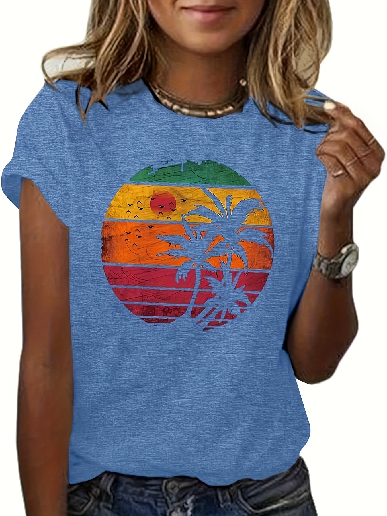 Coconut Tree & Sun Print Casual T-shirt, Crew Neck Short Sleeve Top For Spring & Summer, Women's Clothing