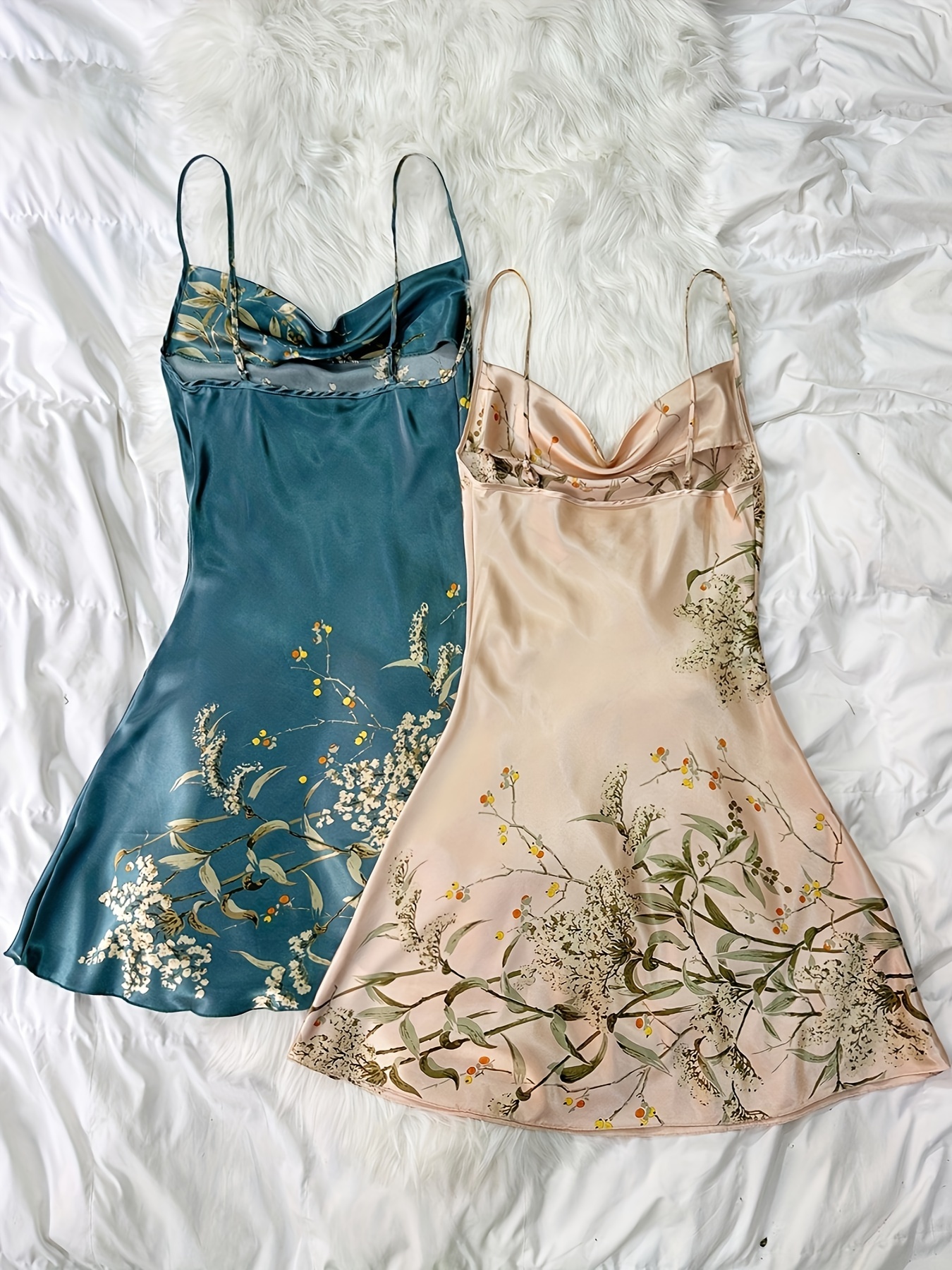 2 Pcs Floral Print Nightdress Draped Collar Backless Sleep Dress Women's Sleepwear