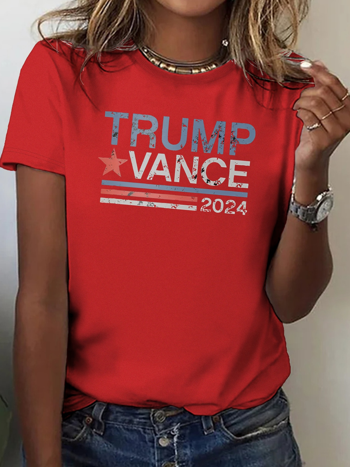 Vote TRUMP CHOOSE VANCE 2024 Women's Summer Graphic Pure Cottons Plus SizedT-Shirts-Crew Necked, Short-sleeved, Soft, Comfortable, and Stylish | Flattering Solid Simple Tops