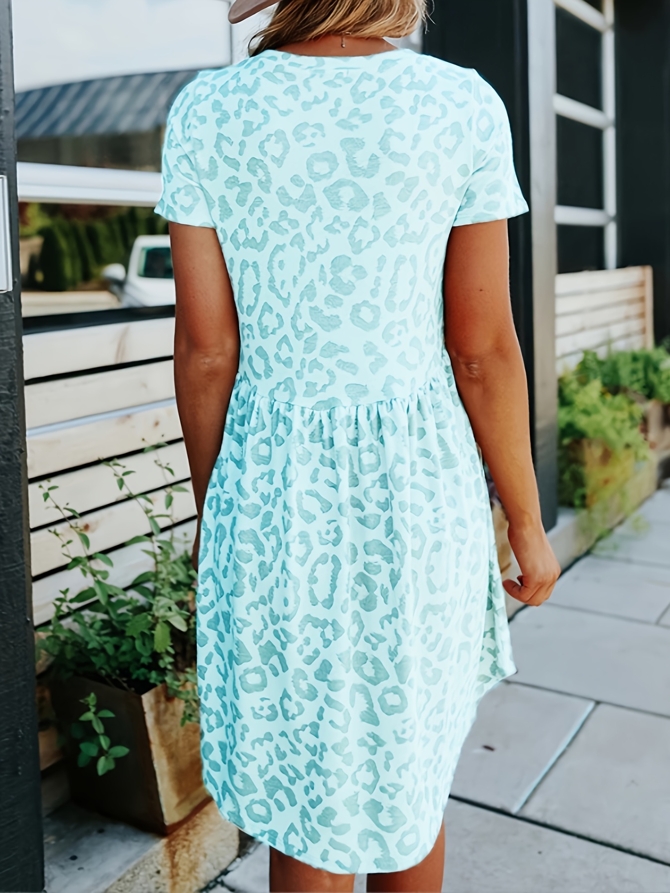 Leopard Print Crew Neck Dress, Casual Short Sleeve Dress For Spring & Summer, Women's Clothing