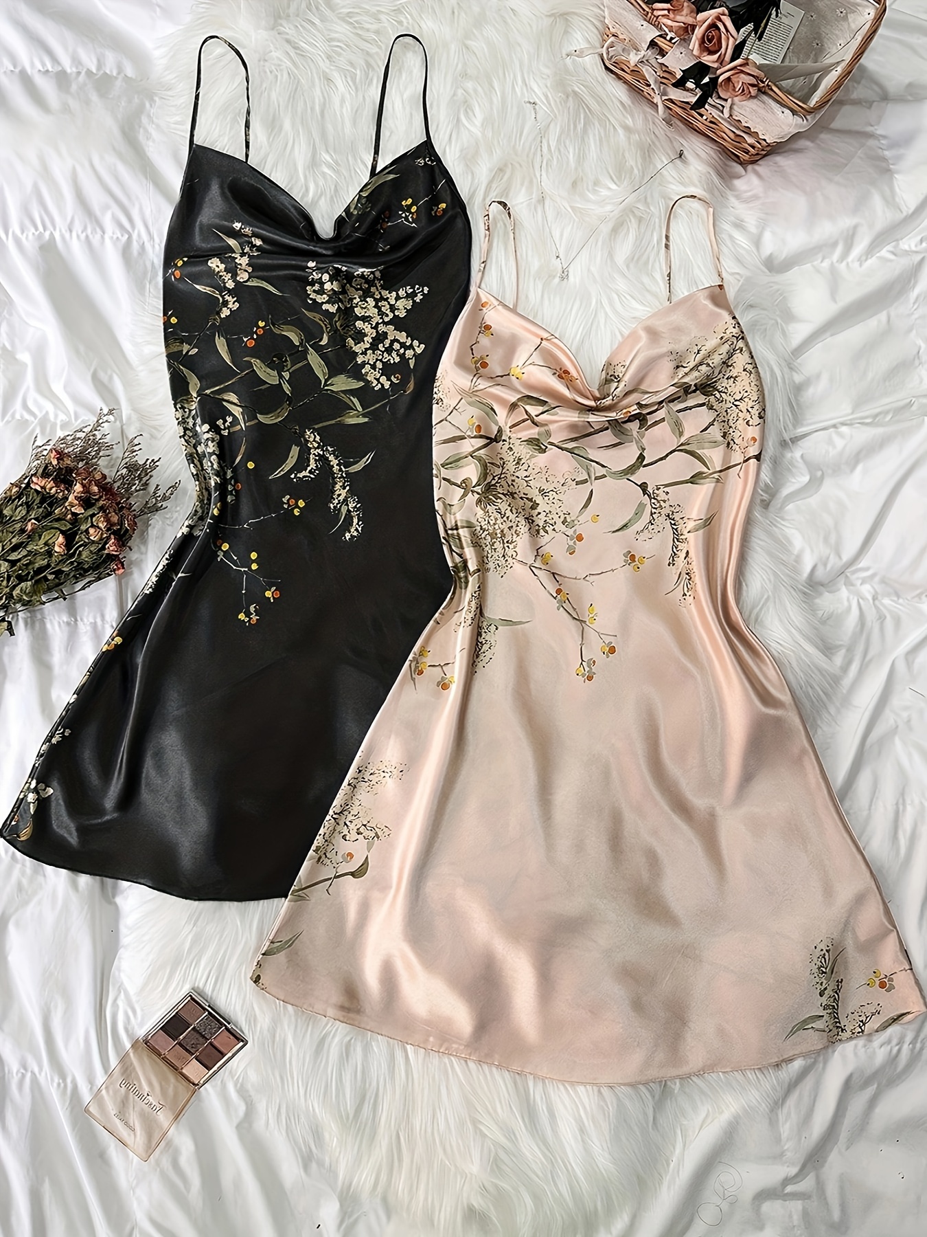 2 Pcs Floral Print Nightdress Draped Collar Backless Sleep Dress Women's Sleepwear