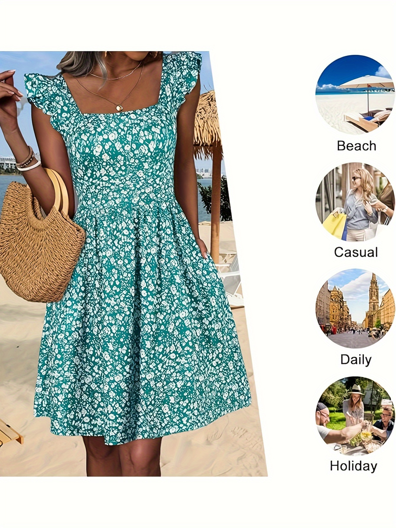 Floral Print Square Neck Patched Pockets Dress, Elegant Ruffle Sleeves Cinched Waist Dress For Spring & Summer, Women's Clothing