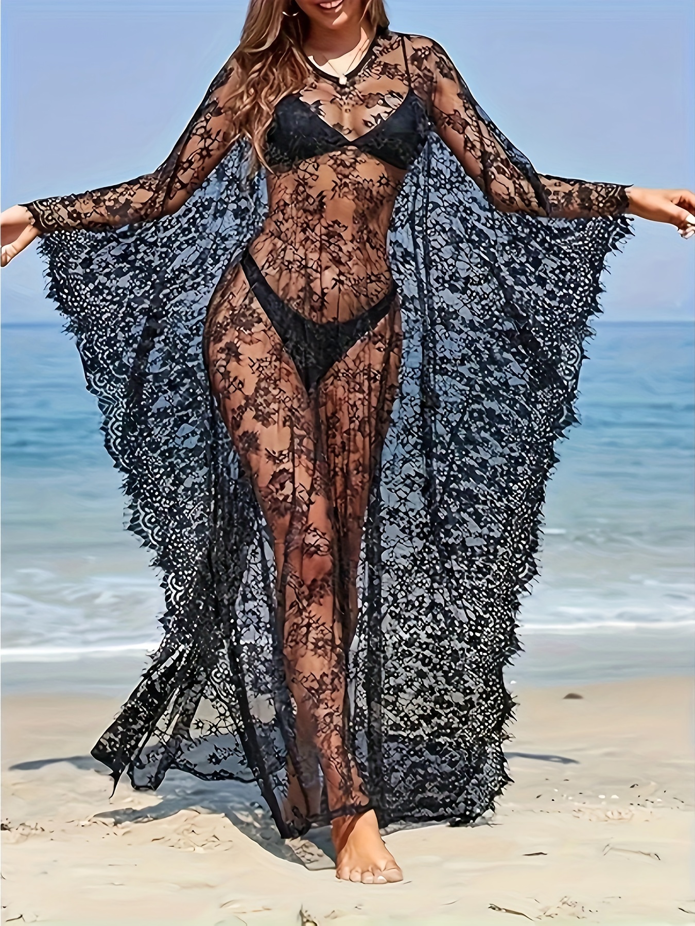 Beach Cover Up for Women Plus Size Boho Lace Kaftan Dress Sheer Bathing Suit Sexy Cover Up