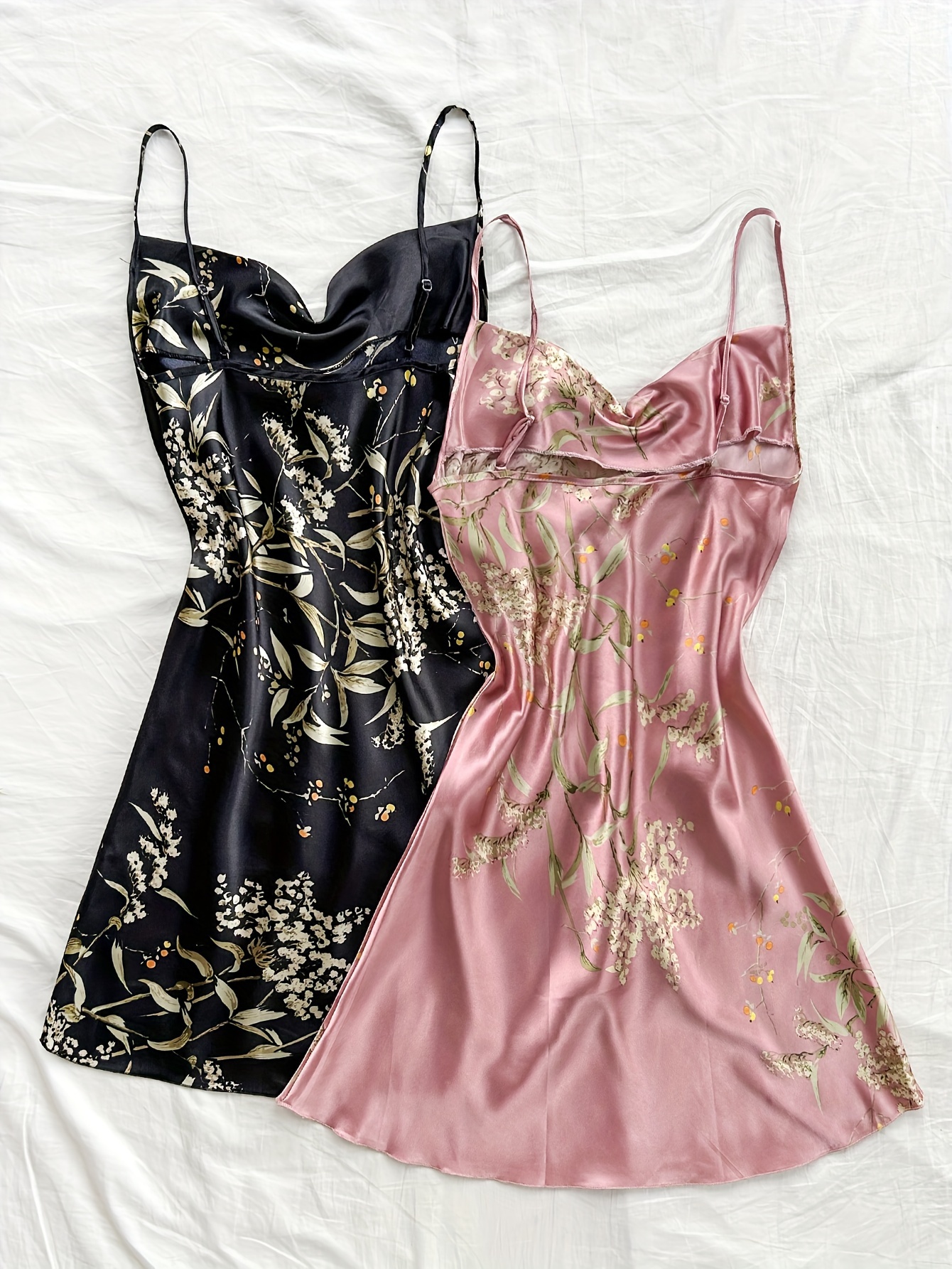 2 Pcs Floral Print Nightdress Draped Collar Backless Sleep Dress Women's Sleepwear