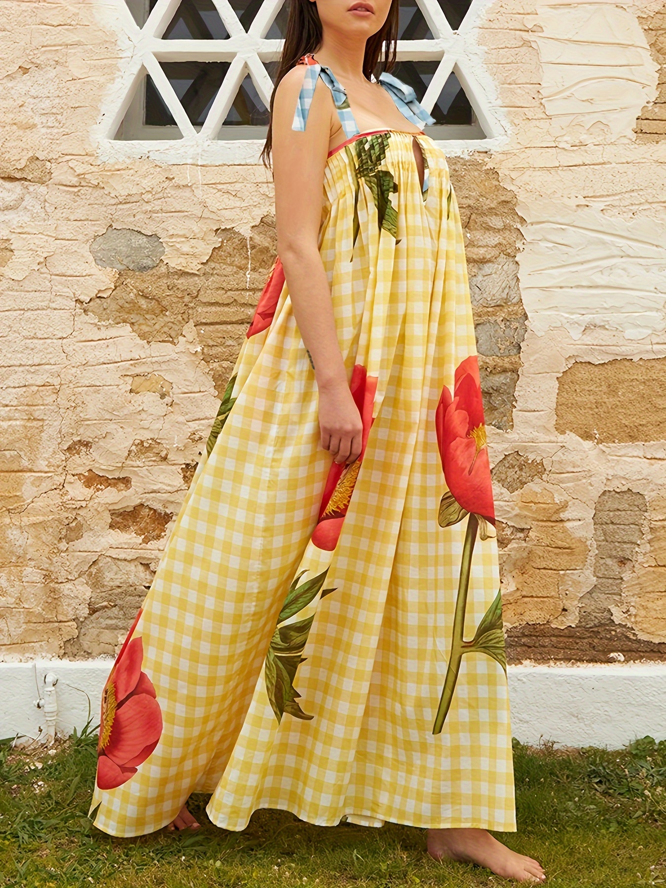 Floral Print Tied Strap Cami Dress, Vacation Sleeveless Loose Maxi Dress For Beach, Women's Clothing