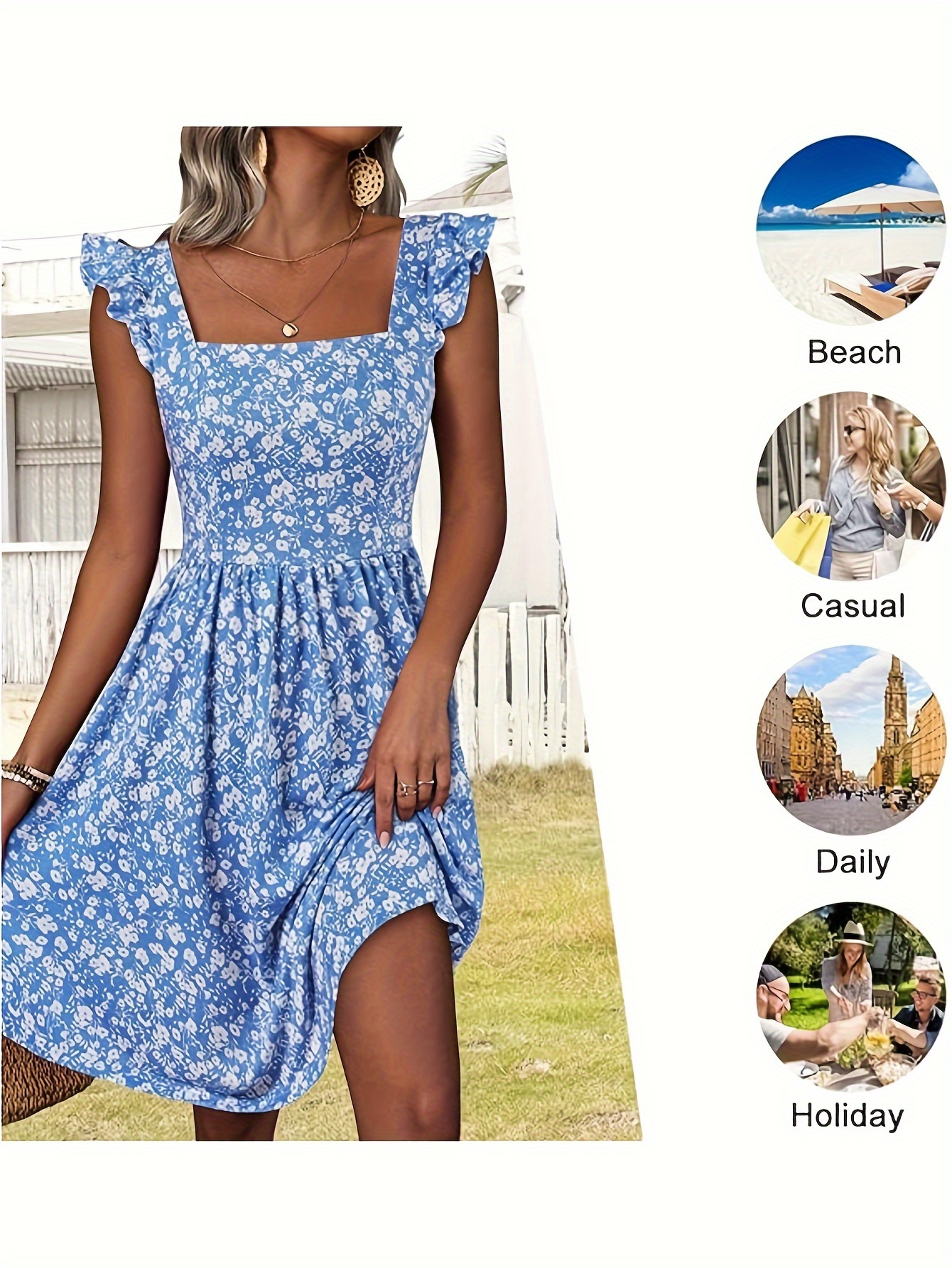 Floral Print Square Neck Patched Pockets Dress, Elegant Ruffle Sleeves Cinched Waist Dress For Spring & Summer, Women's Clothing
