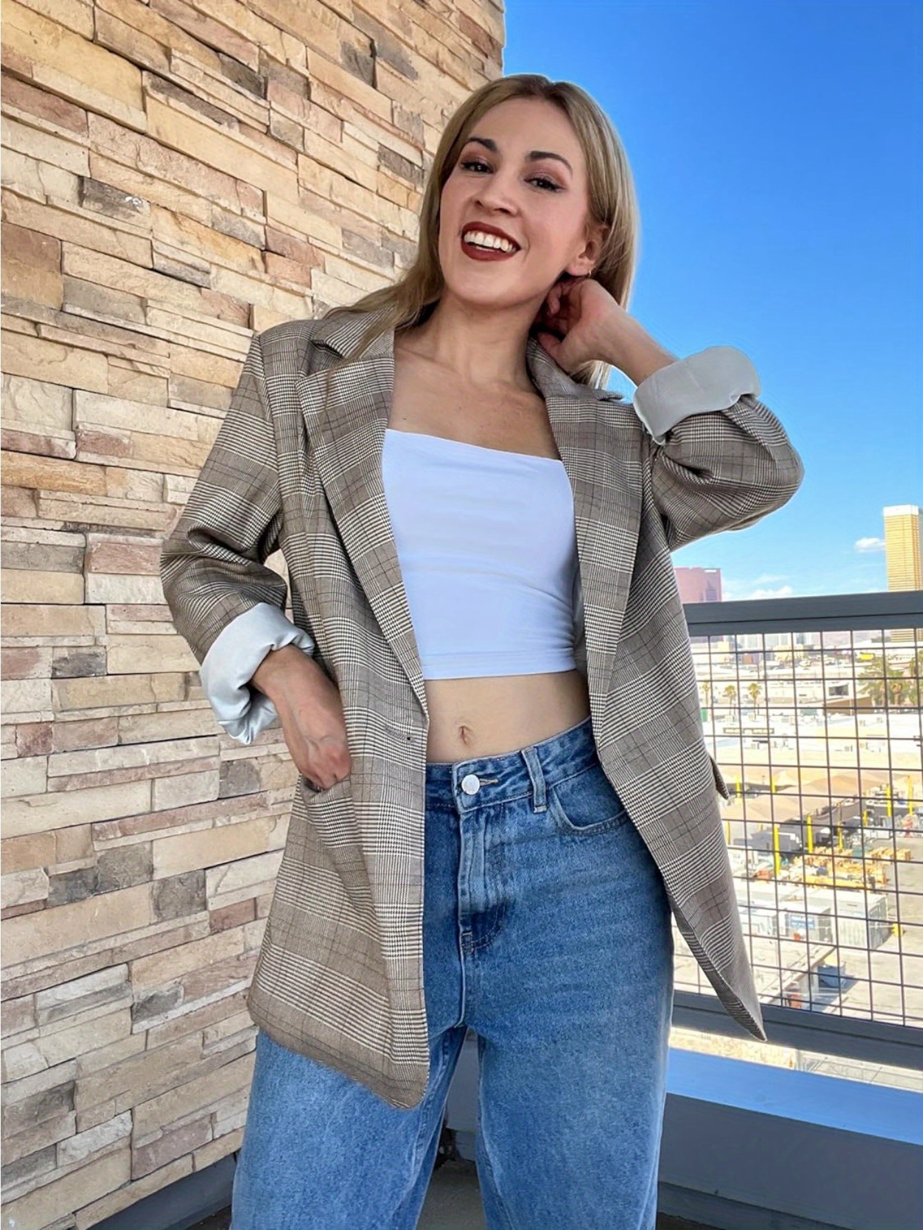 Stylish Houndstooth Blazer - Elegant Lapel, Long Sleeve, Single Button, Pockets, Work Office Wear - Women's Classic Clothing for Professional Occasions