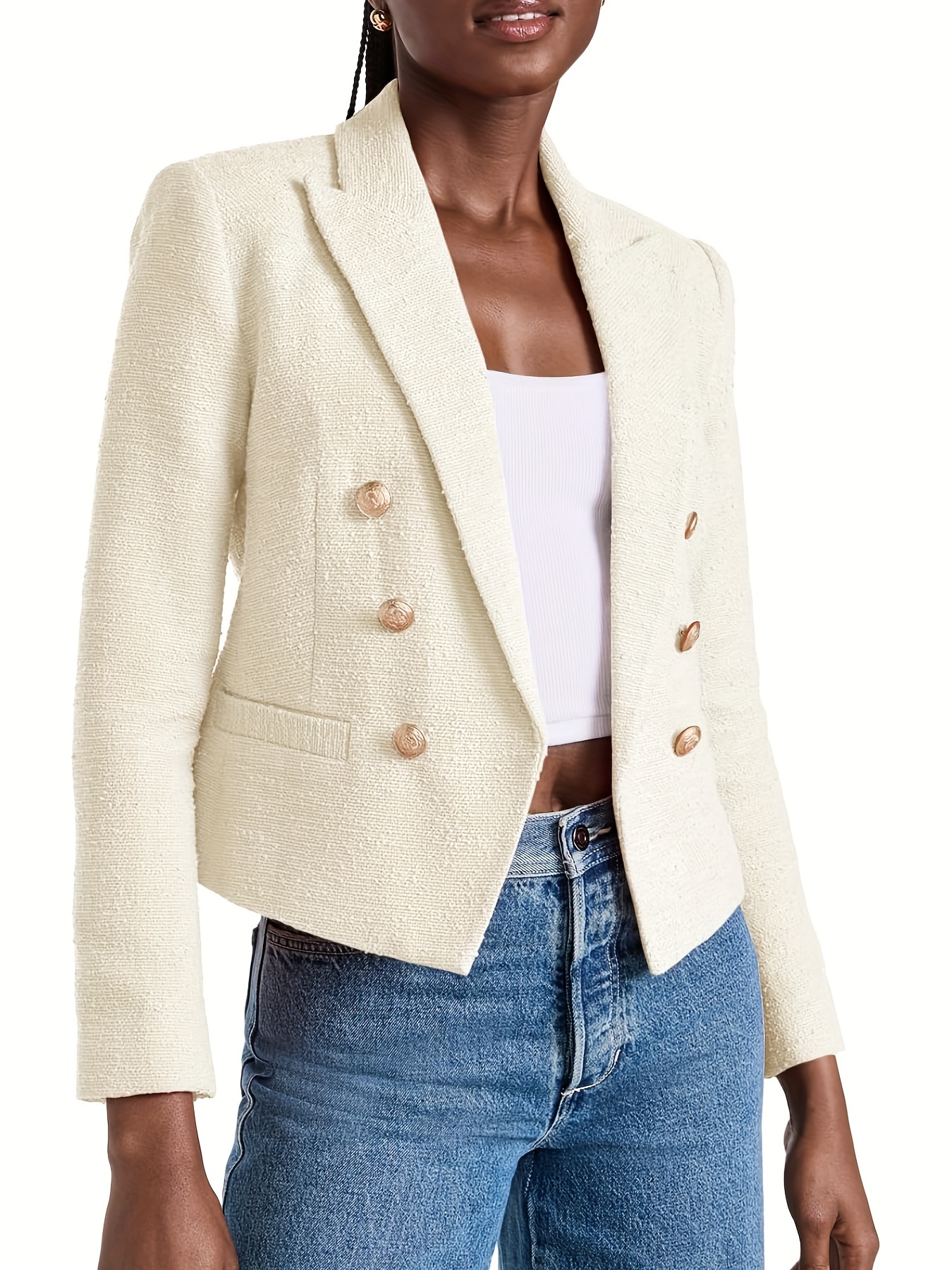 Double-Breasted Open Front Blazer, Elegant Lapel Neck Long Sleeve Cropped Blazer, Women's Clothing