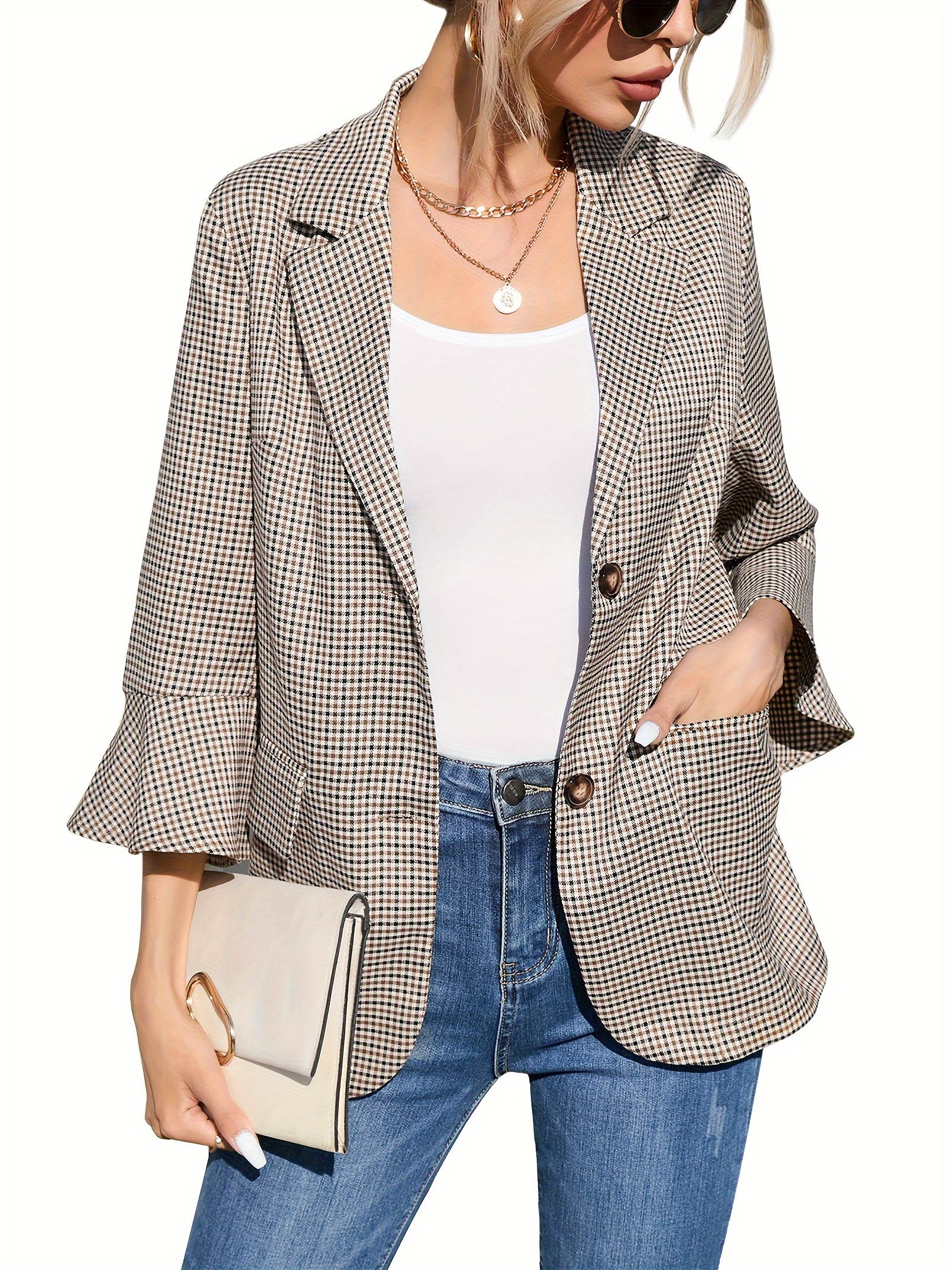Women's Open Front Work Suit Soft Plaid Jacket