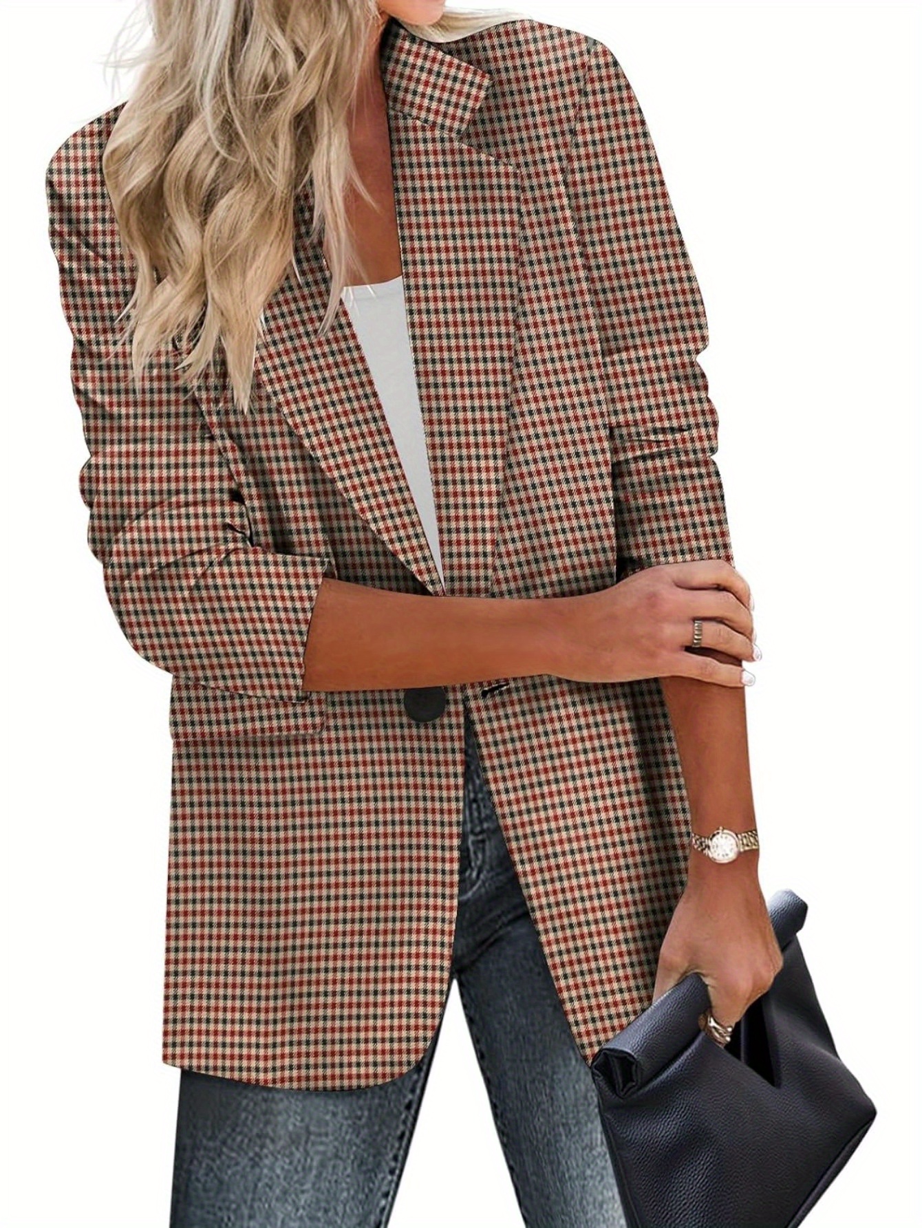 Stylish Houndstooth Blazer - Elegant Lapel, Long Sleeve, Single Button, Pockets, Work Office Wear - Women's Classic Clothing for Professional Occasions