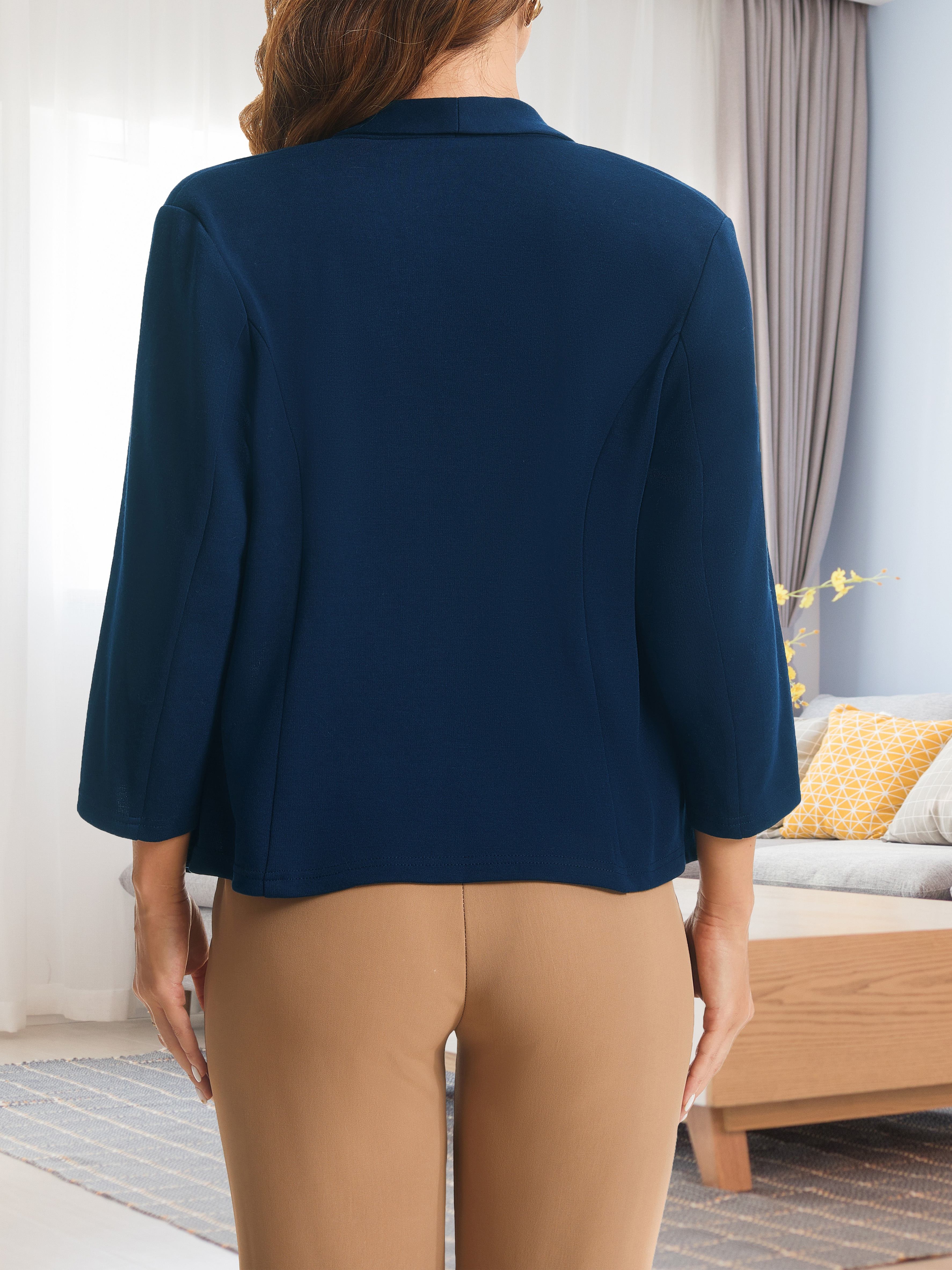 Solid Color Open Front Blazer, Elegant Shawl Collar 3/4 Sleeve Blazer, Women's Clothing