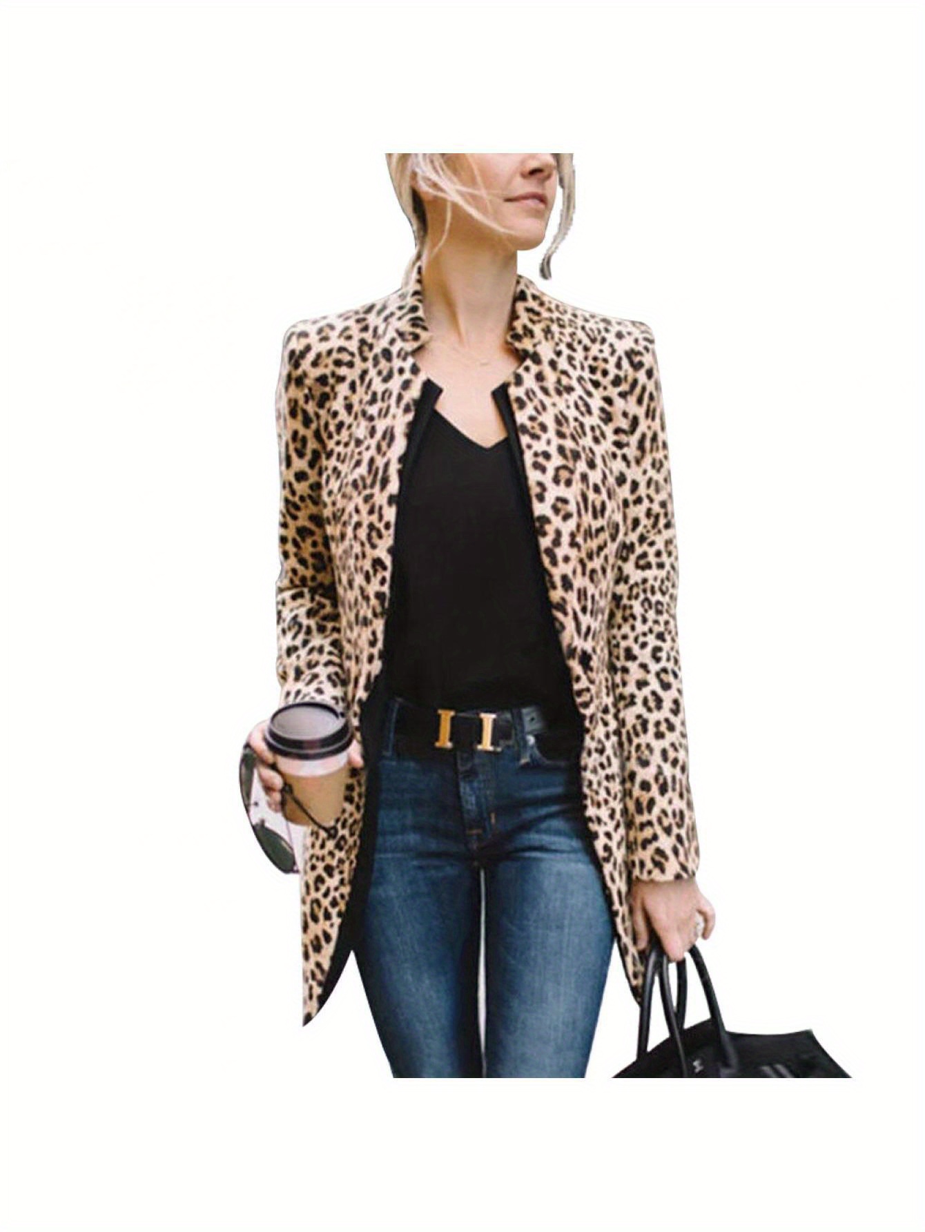 Women' S Leopard Print Bussiness Coat Sexy Winter Warm Wind Coat Cardigan Long Coat Clubwear