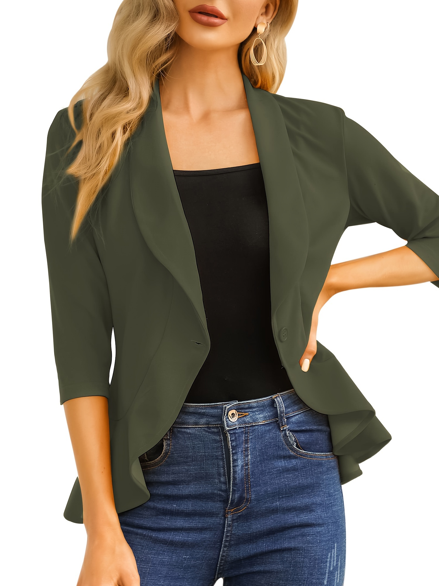 Chic Womens 3/4 Sleeve Ruffle Blazer - Lightweight Open Front Cardigan Suit Jacket for Work & Office
