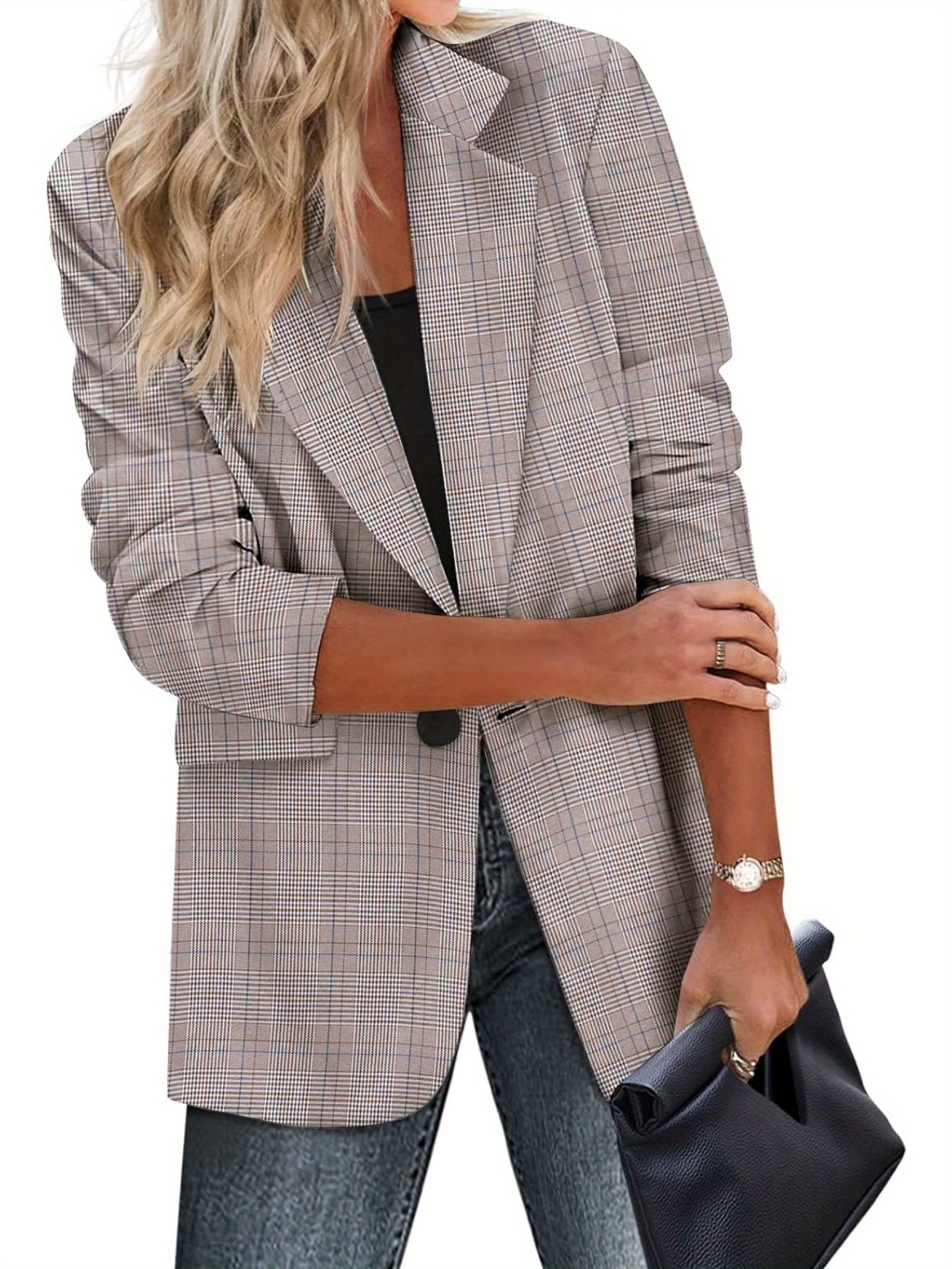 Stylish Houndstooth Blazer - Elegant Lapel, Long Sleeve, Single Button, Pockets, Work Office Wear - Women's Classic Clothing for Professional Occasions