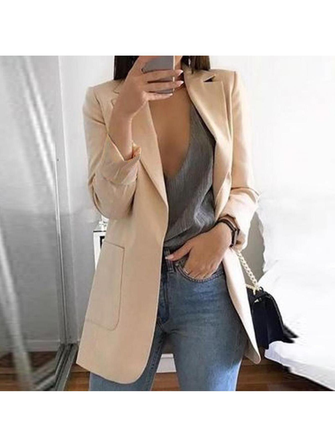 Women' S Casual Blazer Jacket Long Sleeve Office Work Business Party Suit Coat Solid Color Loose Fit Outwear