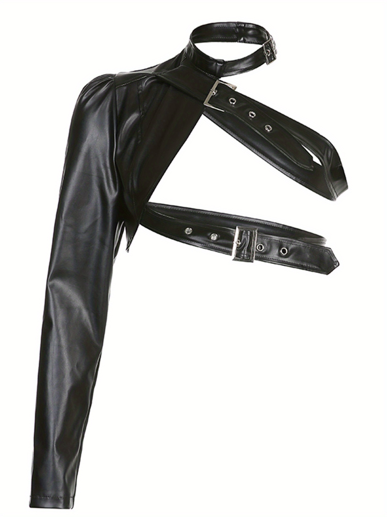 Women Punk Style Crop Tops, Cool Single Long Sleeve Neck Hanger Leather Belt Connected Tops, Women Clothing