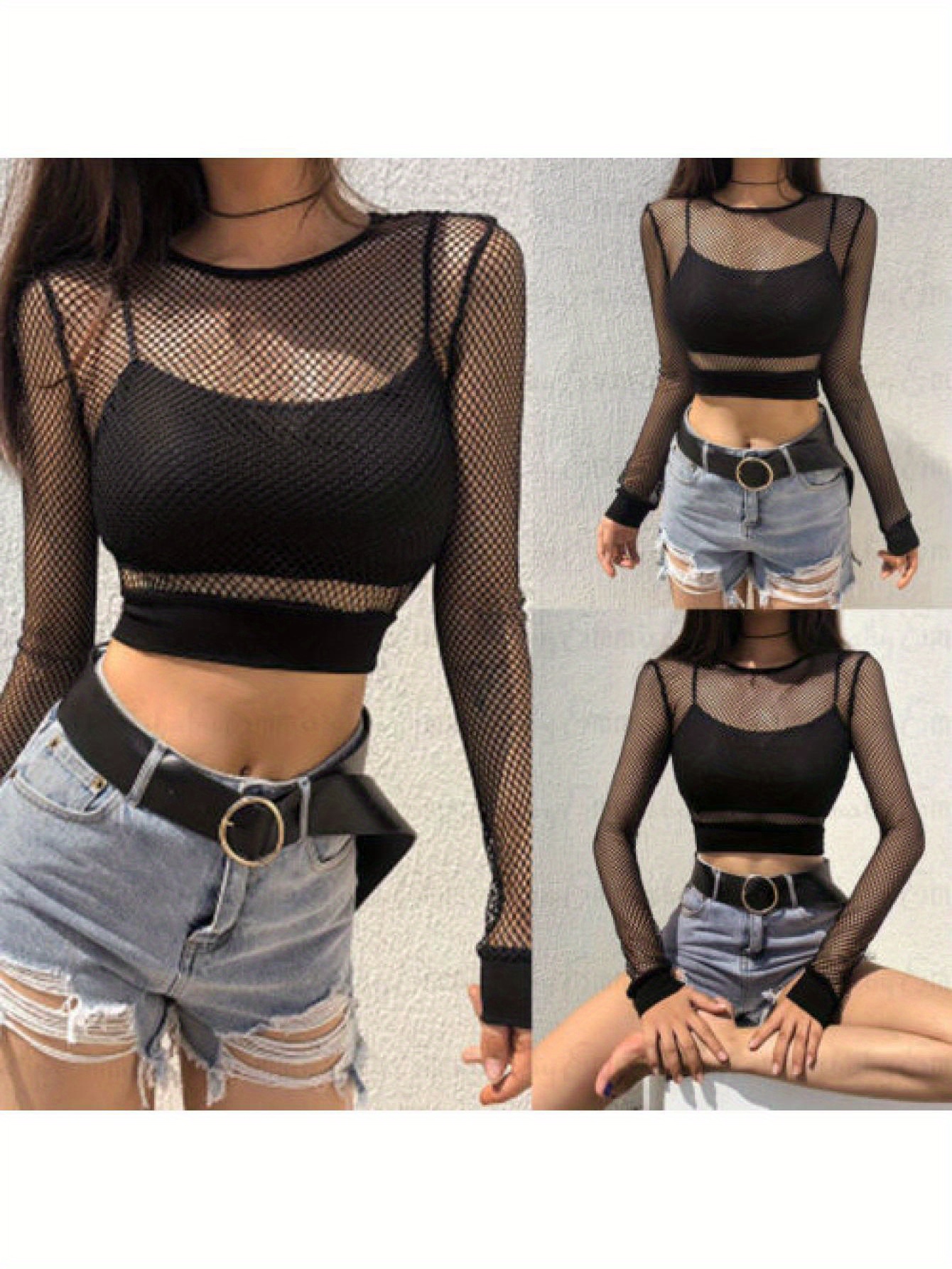 Women Crop Tops Fishnet Sheer Long Sleeve Crew Neck Solid Color Sexy Clubwear Clothing