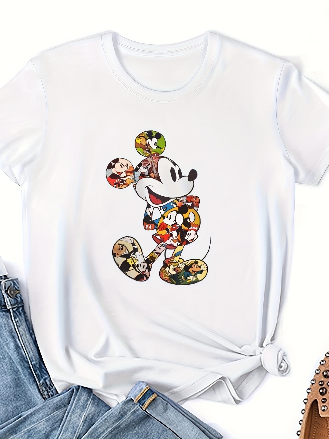 Women's Mickey Mouse Distressed Design Plus Size T Shirts Oversized Tees Crew Neck Cotton T-Shirt, 1XL-3XL