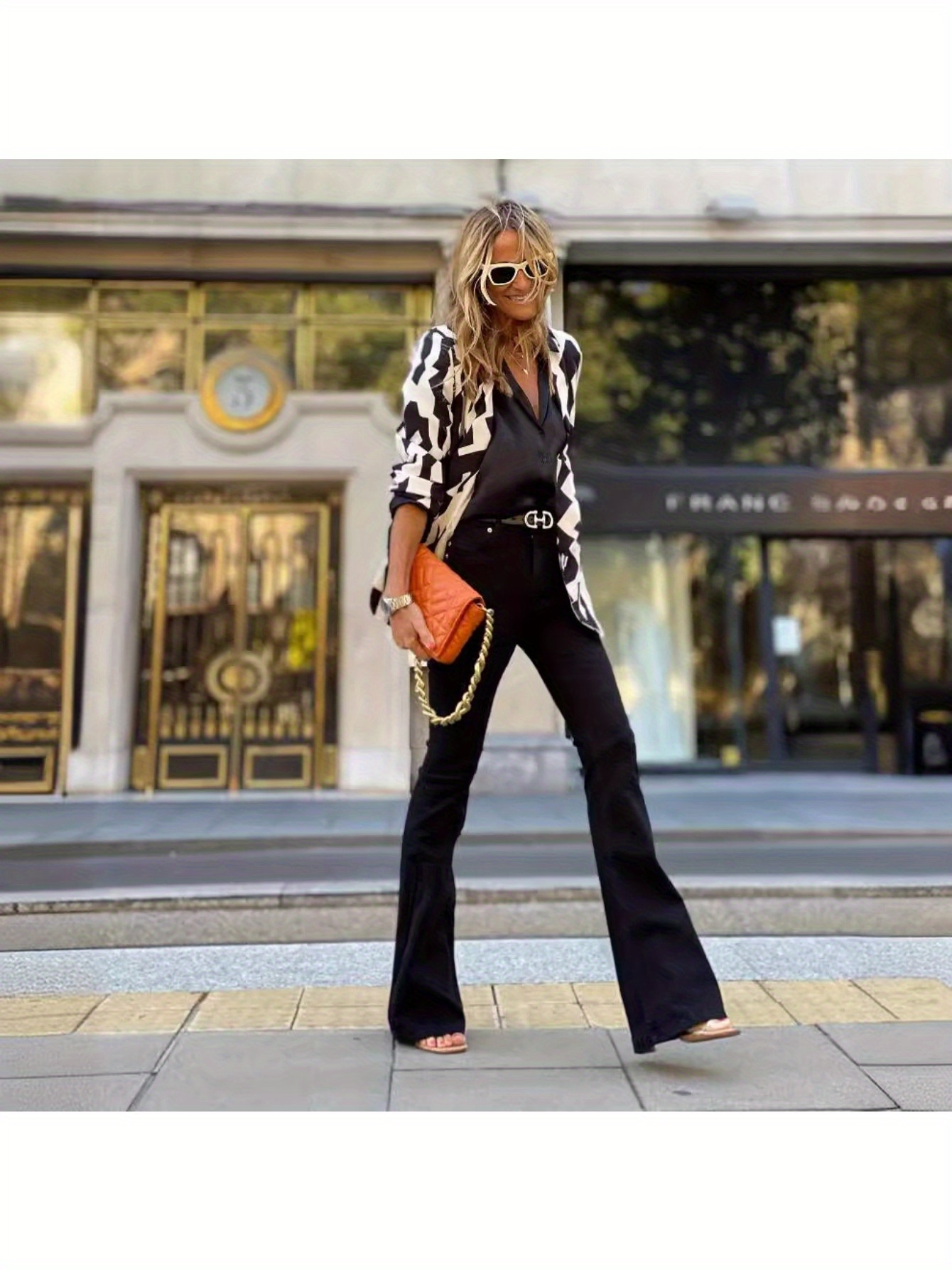 Ladies' Long Sleeved Suit with Black and White Print, Slim Fit Jacket, Suitable for Autumn Wear