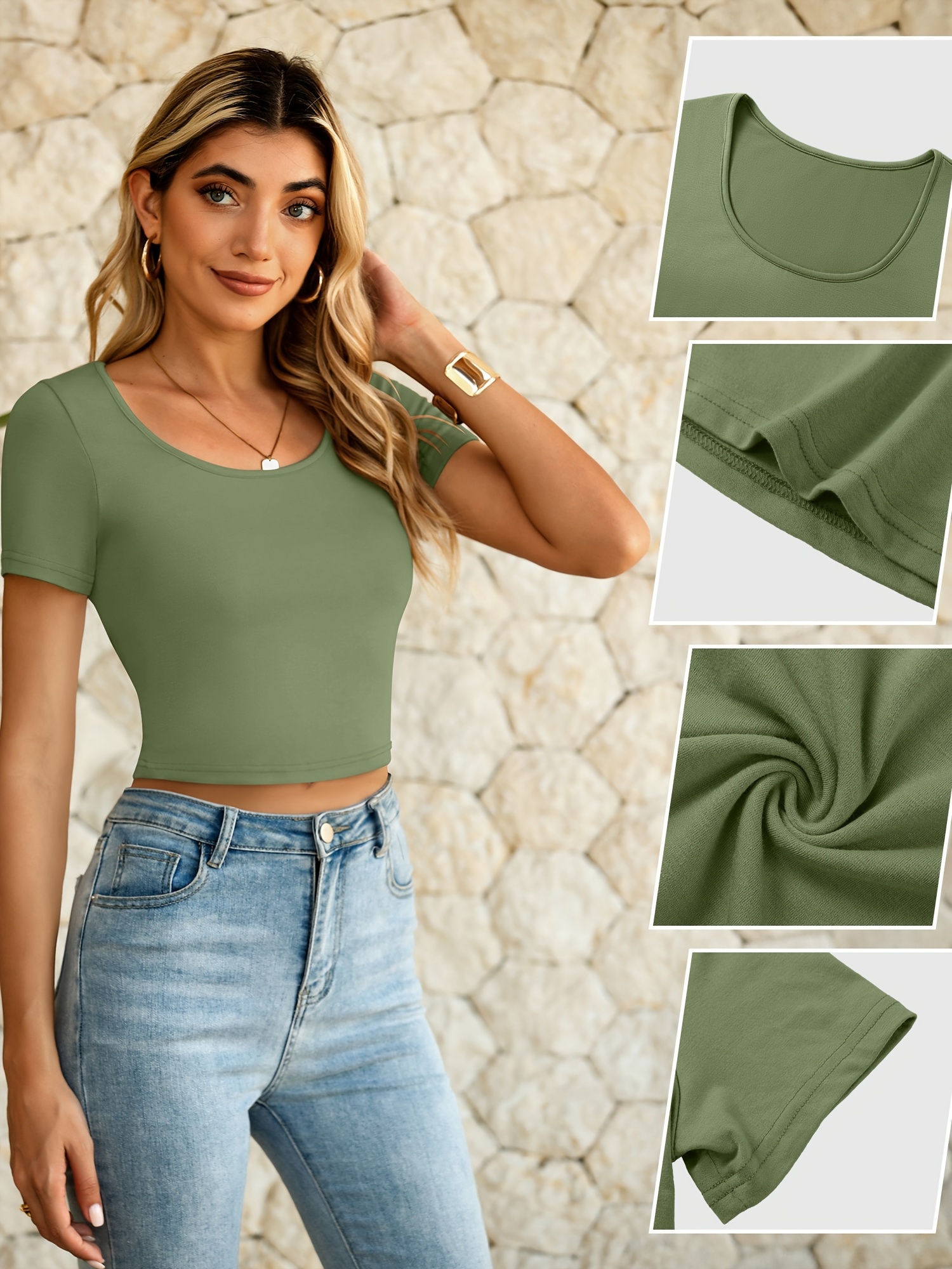 5 Pcs Women's Basic Crop Tops Scoop U Neck Short Sleeve Stretchy Casual Tight Shirt 2024 Trendy For Women Teen Girl (Black, Dark Grey, Olive, Light Grey, White, M)