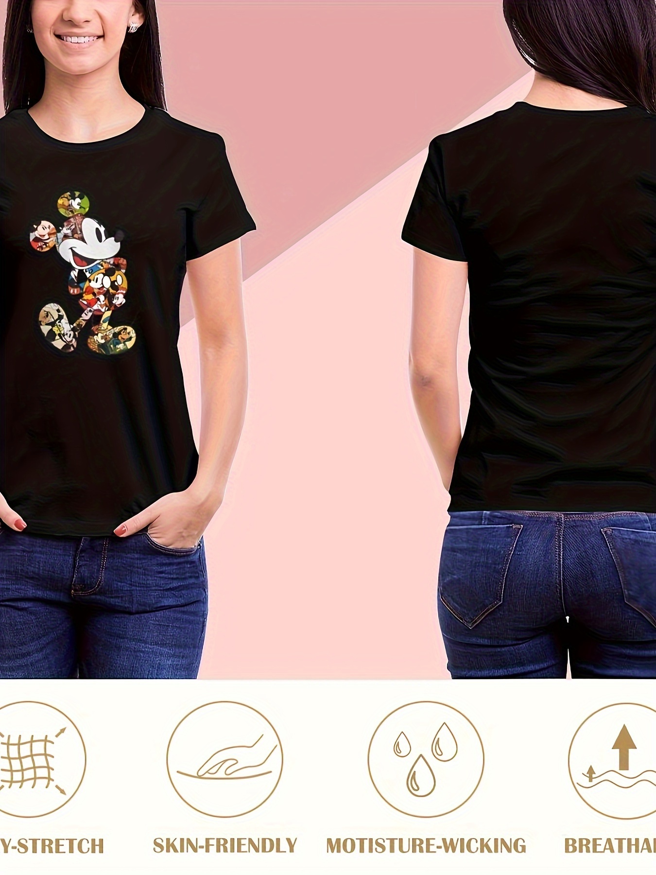 Women's Mickey Mouse Distressed Design Plus Size T Shirts Oversized Tees Crew Neck Cotton T-Shirt, 1XL-3XL