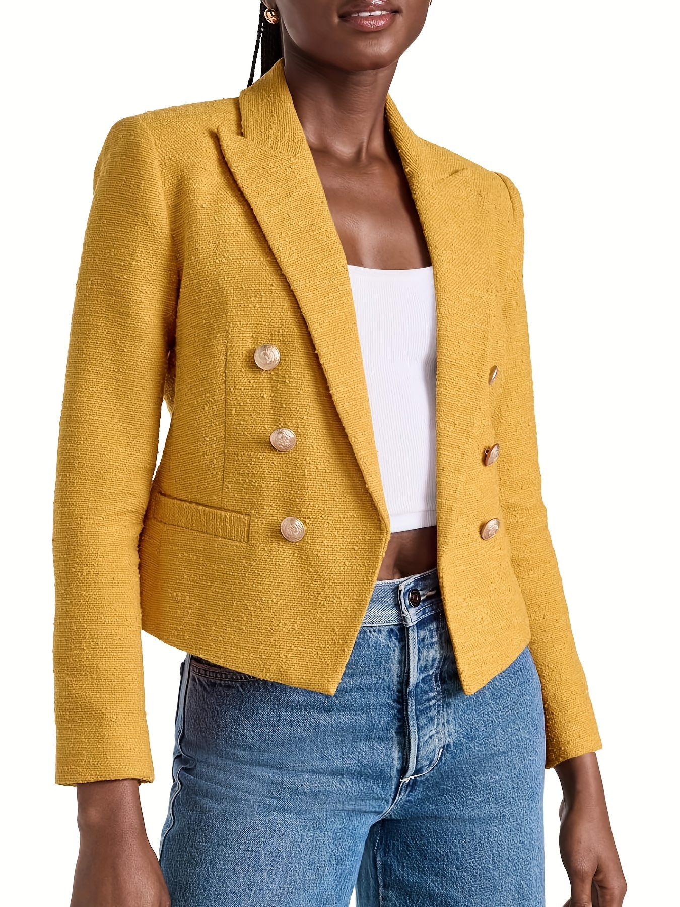 Double-Breasted Open Front Blazer, Elegant Lapel Neck Long Sleeve Cropped Blazer, Women's Clothing