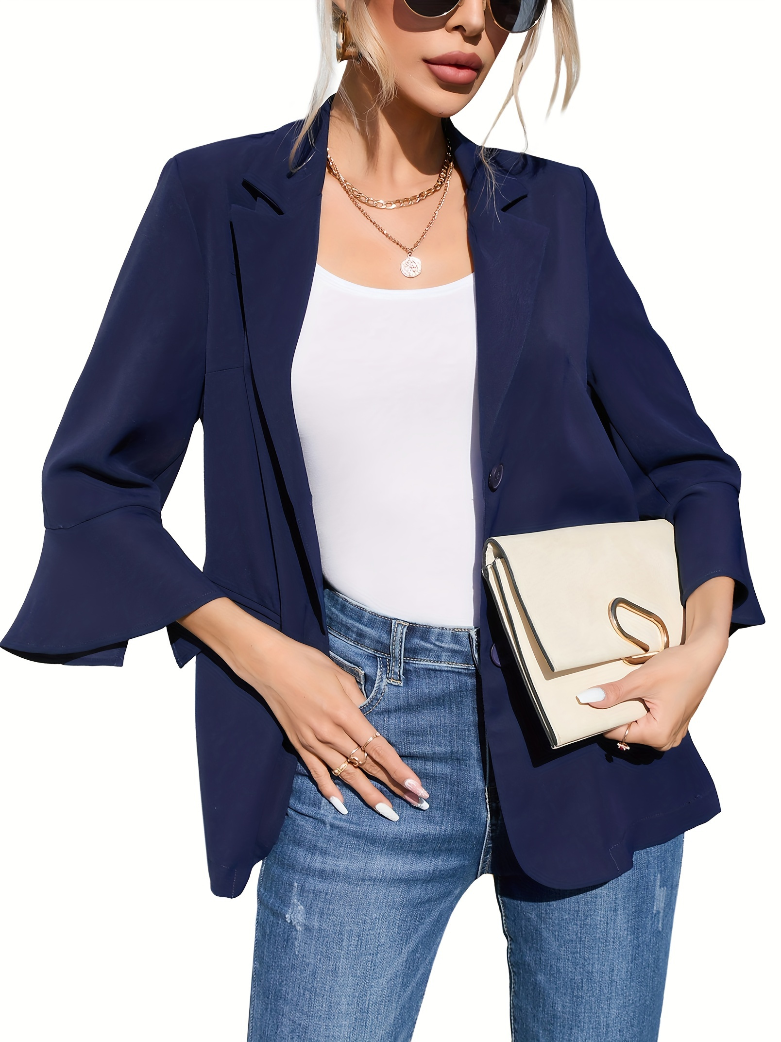 Women's Open Front Work Suit Soft Plaid Jacket