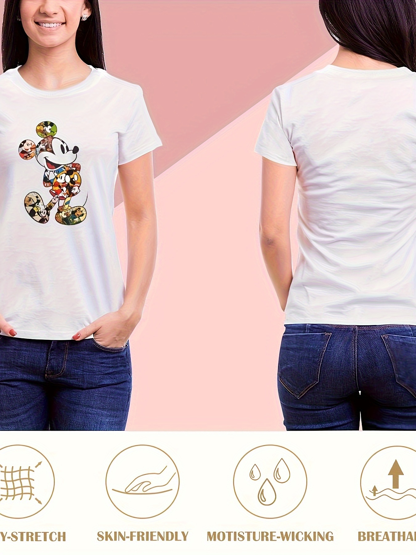 Women's Mickey Mouse Distressed Design Plus Size T Shirts Oversized Tees Crew Neck Cotton T-Shirt, 1XL-3XL