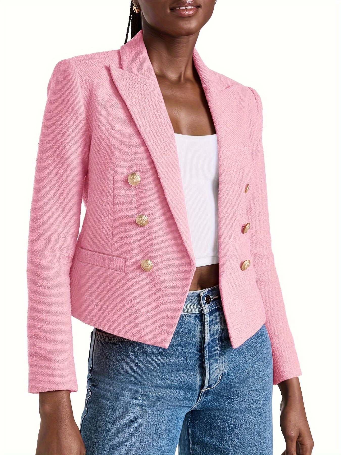 Double-Breasted Open Front Blazer, Elegant Lapel Neck Long Sleeve Cropped Blazer, Women's Clothing