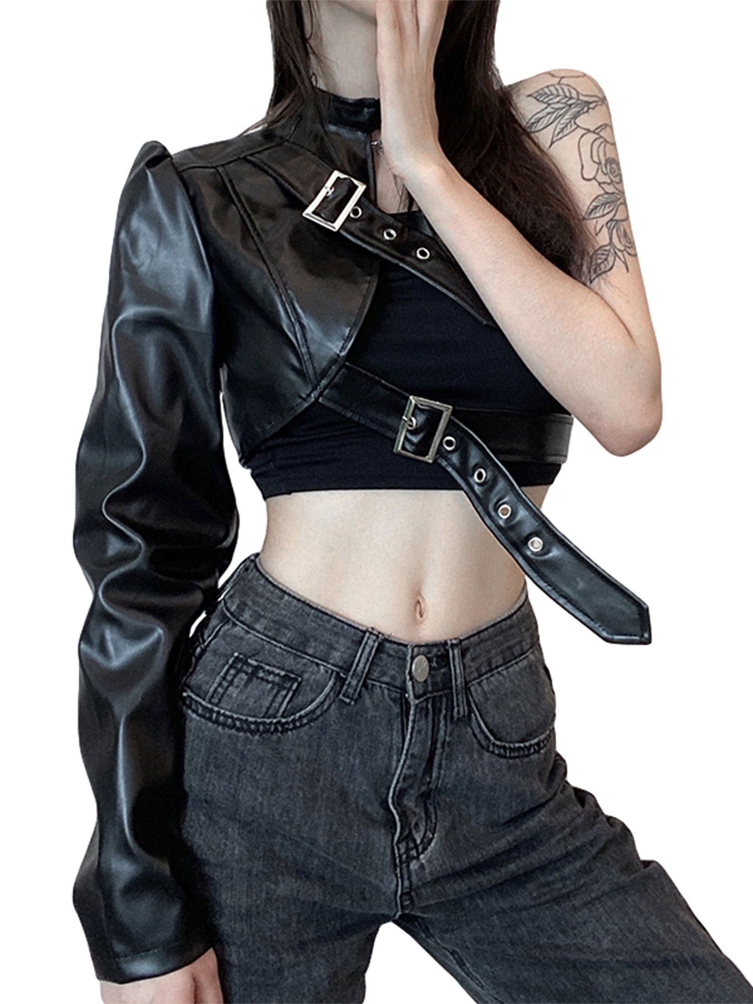 Women Punk Style Crop Tops, Cool Single Long Sleeve Neck Hanger Leather Belt Connected Tops, Women Clothing