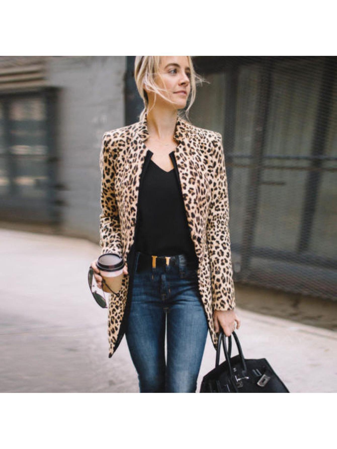 Women' S Leopard Print Bussiness Coat Sexy Winter Warm Wind Coat Cardigan Long Coat Clubwear