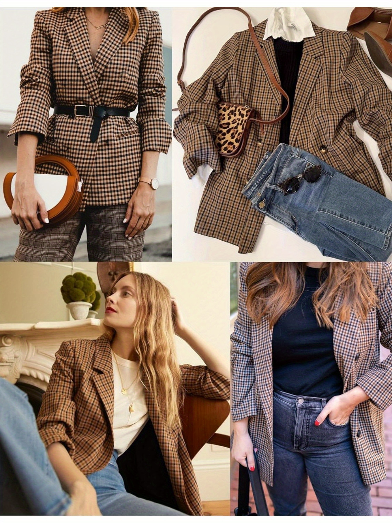 Stylish Houndstooth Blazer - Elegant Lapel, Long Sleeve, Single Button, Pockets, Work Office Wear - Women's Classic Clothing for Professional Occasions