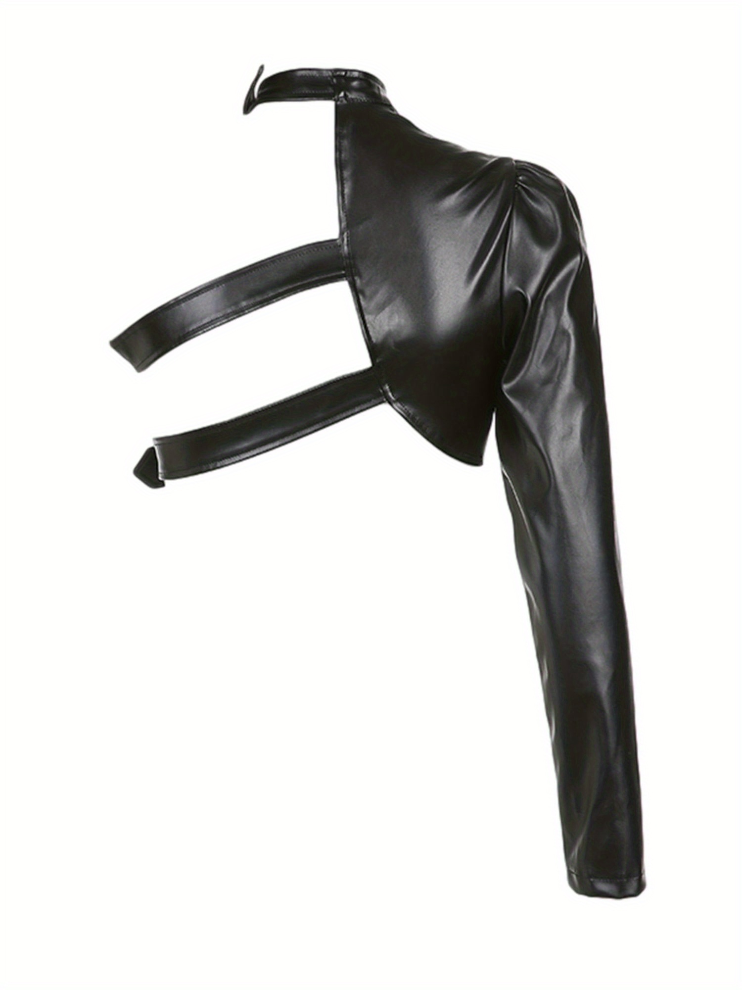 Women Punk Style Crop Tops, Cool Single Long Sleeve Neck Hanger Leather Belt Connected Tops, Women Clothing