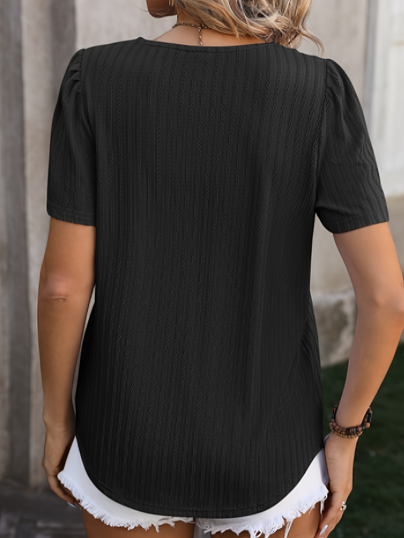 Square Collar Solid Loose T-shirt, Spring/Summer Casual Short-Sleeved Top, Women's Clothing