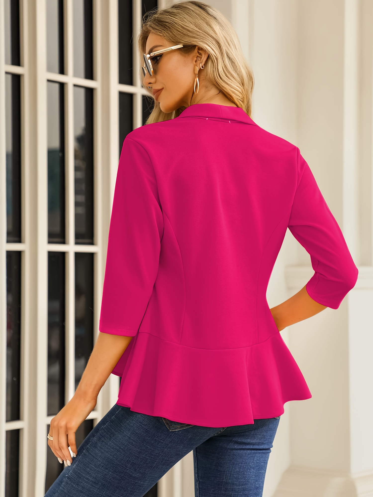 Chic Womens 3/4 Sleeve Ruffle Blazer - Lightweight Open Front Cardigan Suit Jacket for Work & Office