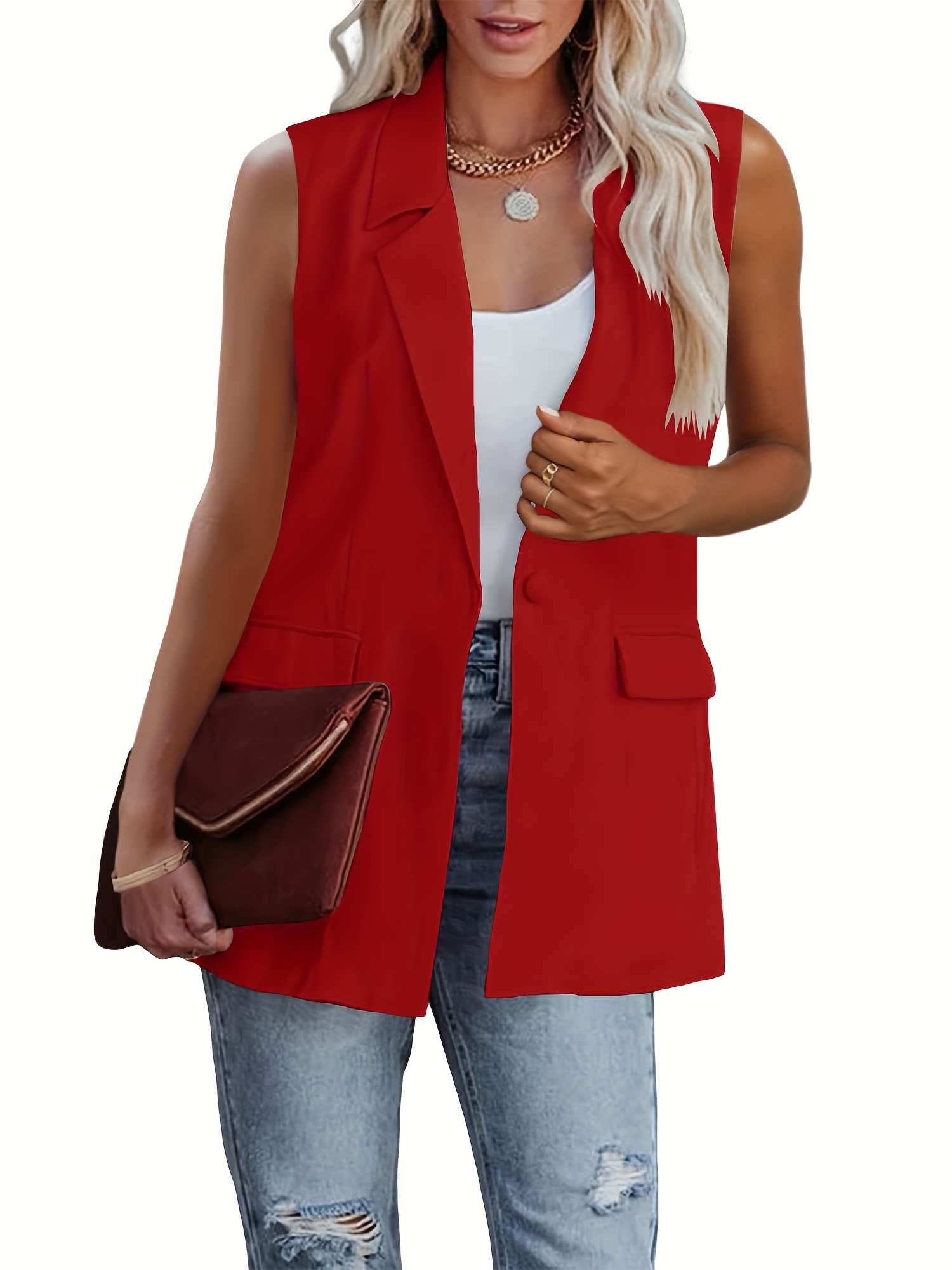Women's Sleeveless Blazer Vest Casual Open Front Single Button Summer Jacket With Pockets