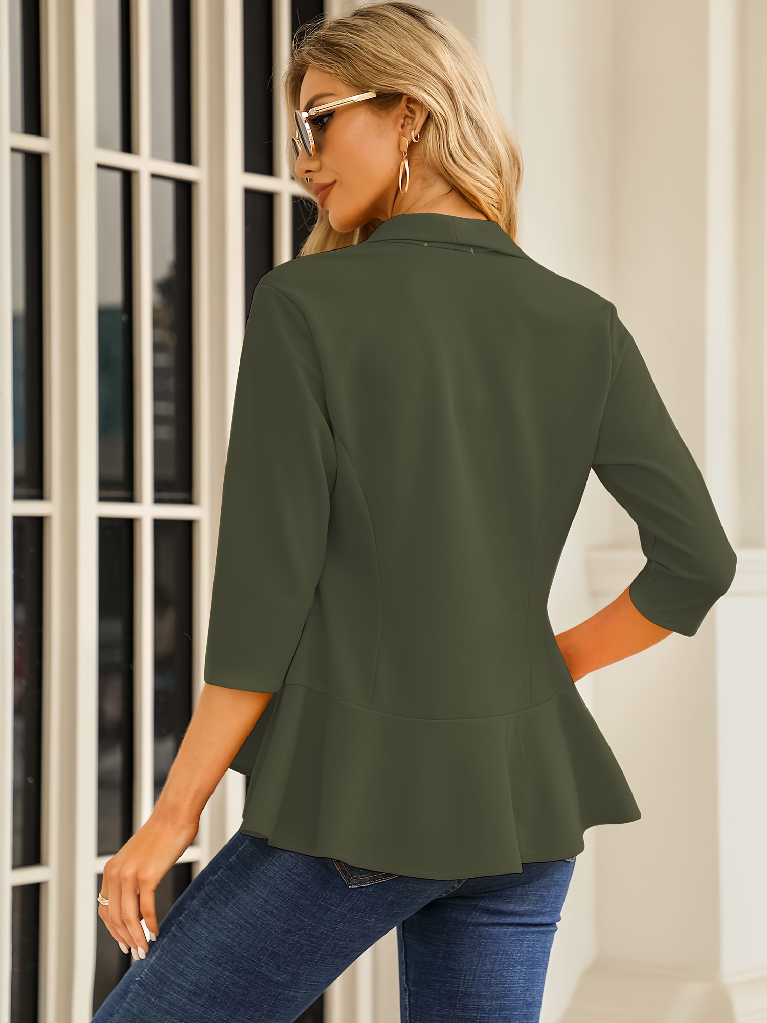 Chic Womens 3/4 Sleeve Ruffle Blazer - Lightweight Open Front Cardigan Suit Jacket for Work & Office